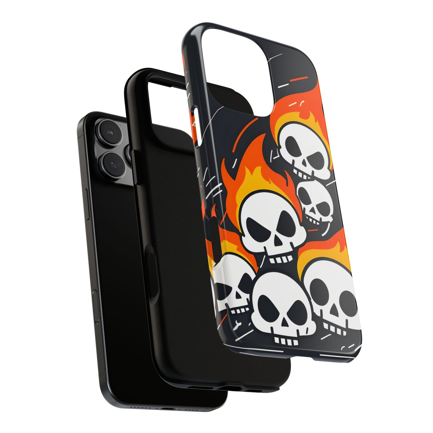 Flaming Skulls Tough Phone Case - Y2K Alt Halloween Aesthetic, Creepy Cute Cartoon Style, Compatible with iPhone, Galaxy, and Google Phones