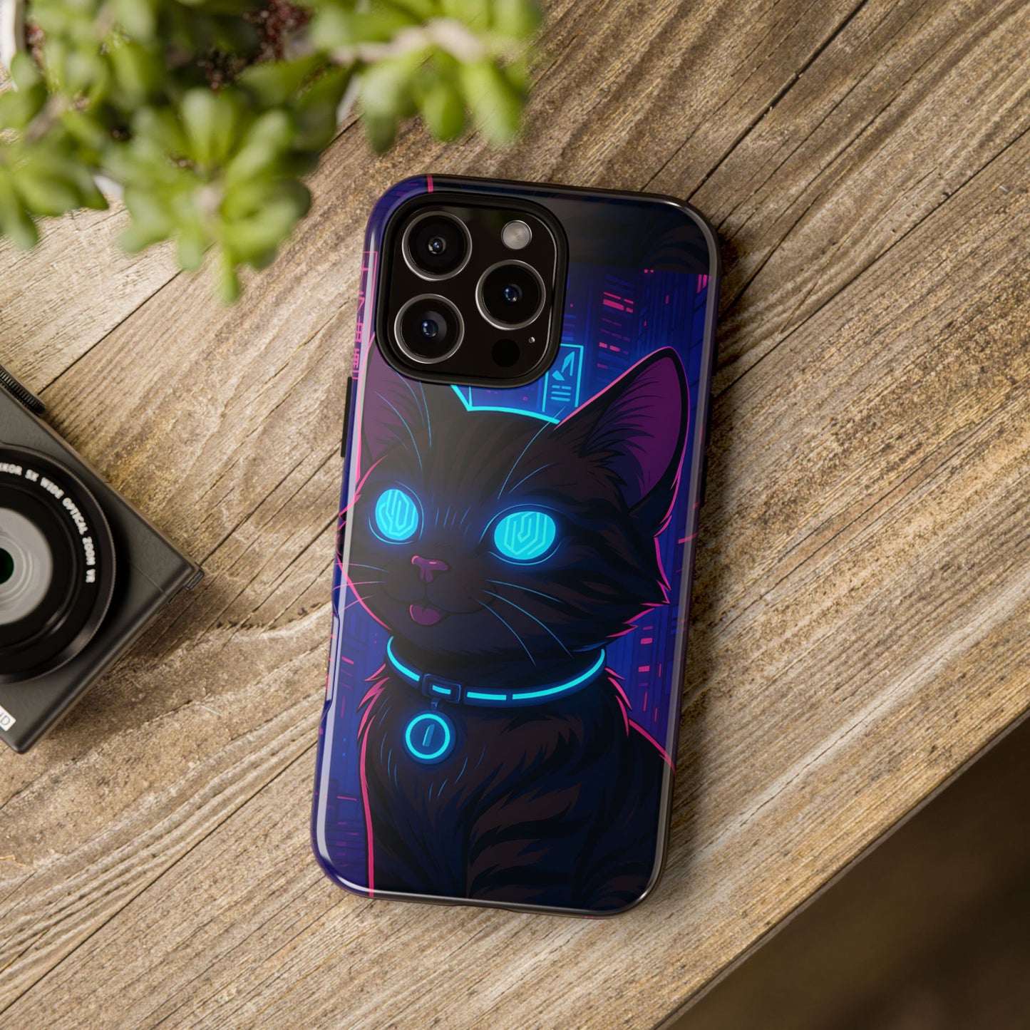 Cyberpunk Cat Tough Phone Case - Vaporwave Anime Kitty Design, Futuristic Neon Aesthetic, Compatible with iPhone, Galaxy, and Google Phones