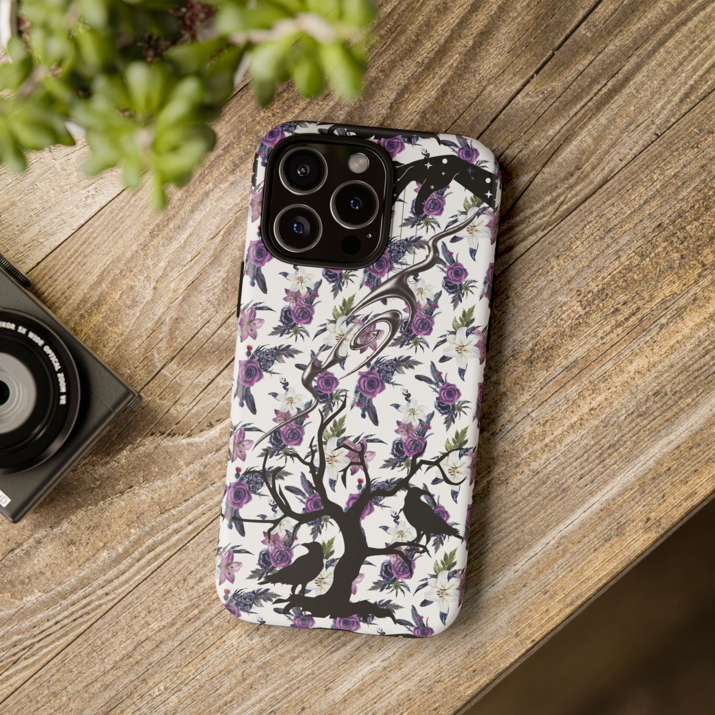 Gothic Floral Phone Case, Raven Crow Dark Tree Purple Rose Lily Design, Compatible with iPhone, Galaxy, Pixel, Witchy Gift, Spooky Vibes