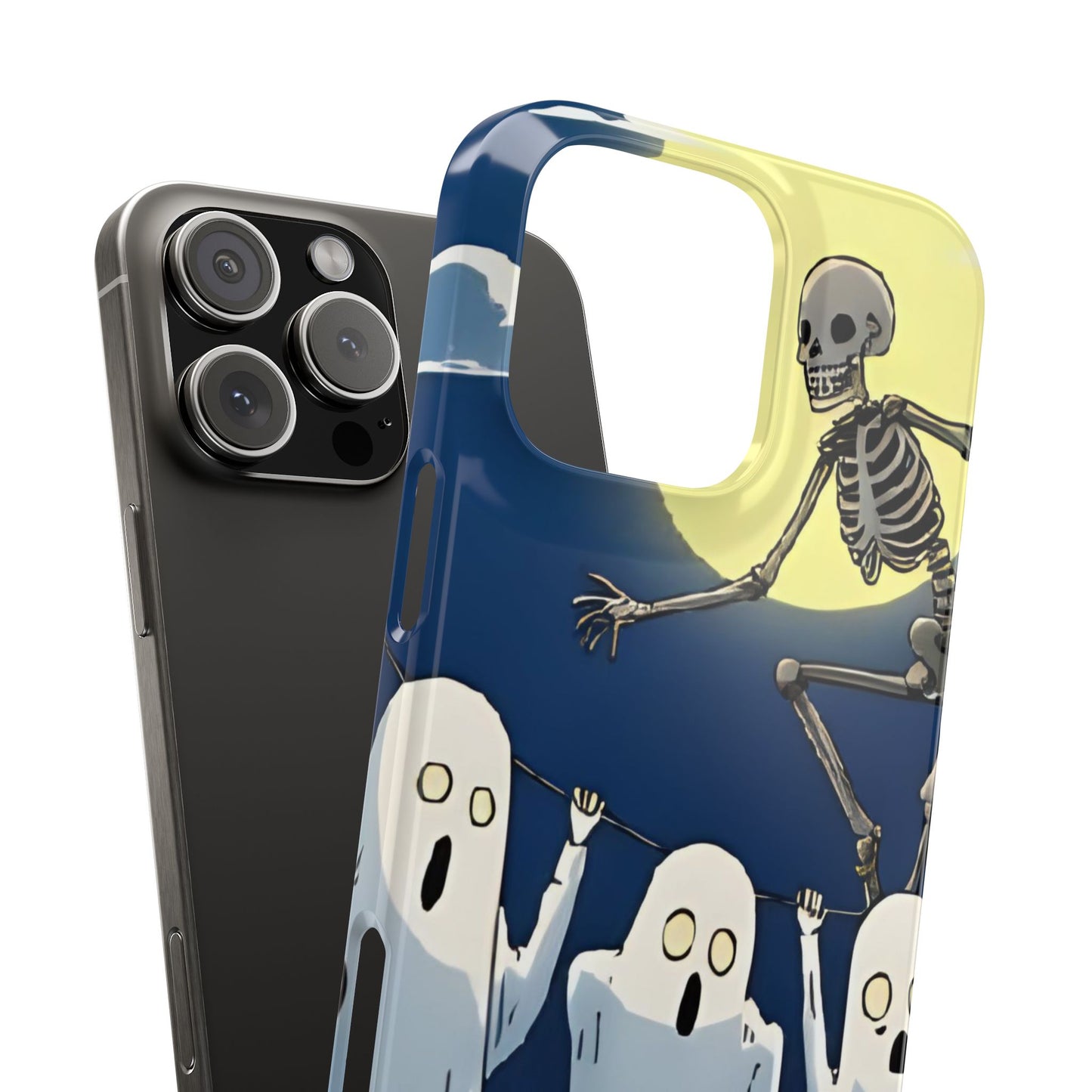 Jumping Skeleton Slim Phone Case - Halloween Aesthetic, Creepy Cute Ghost Cartoon Style, Compatible with iPhone, Galaxy, and Google Phones