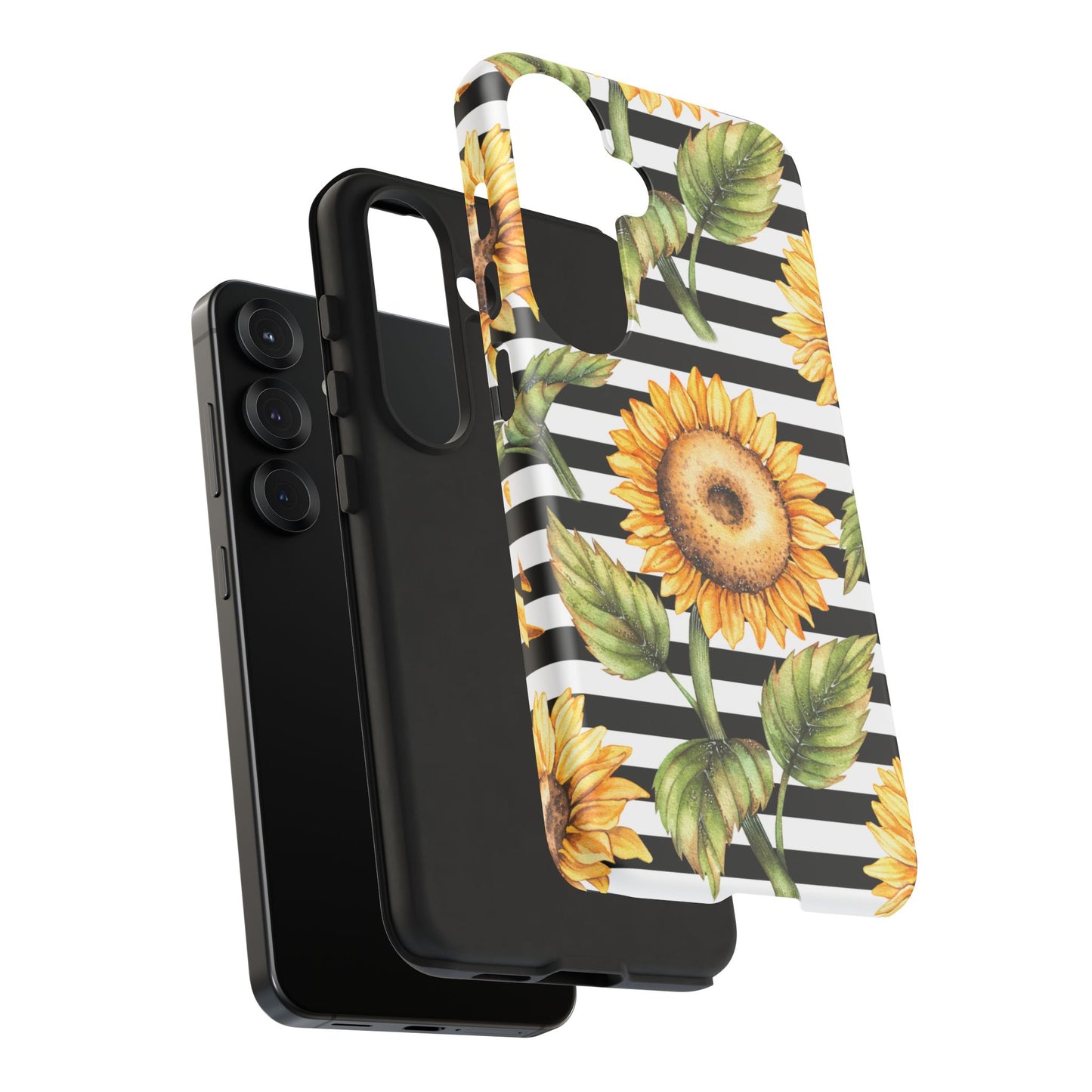 Sunflower Tough Phone Case - Bold Yellow Floral Art, Black and White Striped Aesthetic, Compatible with iPhone, Galaxy, and Google Phones