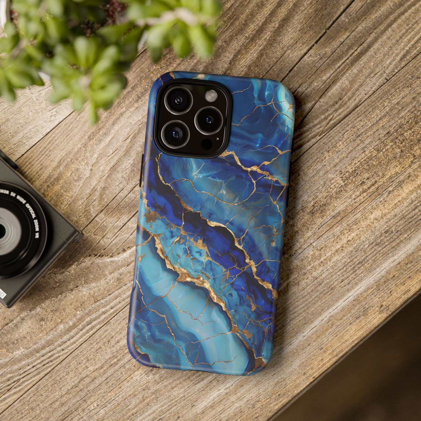 Blue Marble Agate Crystal Phone Case Geode Crystal Art with Elegant Gold Veins, Luxury Abstract Cover compatible with iPhone, Samsung, Pixel