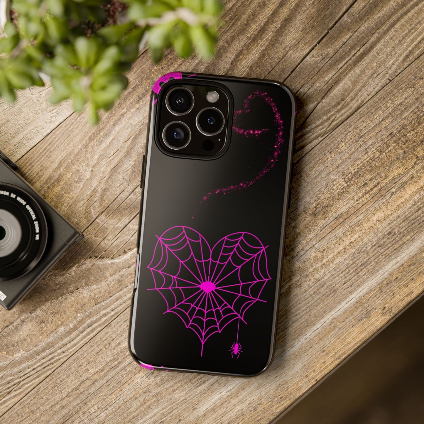 Pink Heart Web Tough Phone Case, Coquette Halloween Aesthetic, Creepy Spider Love Design, Compatible with iPhone, Galaxy, and Google Phones