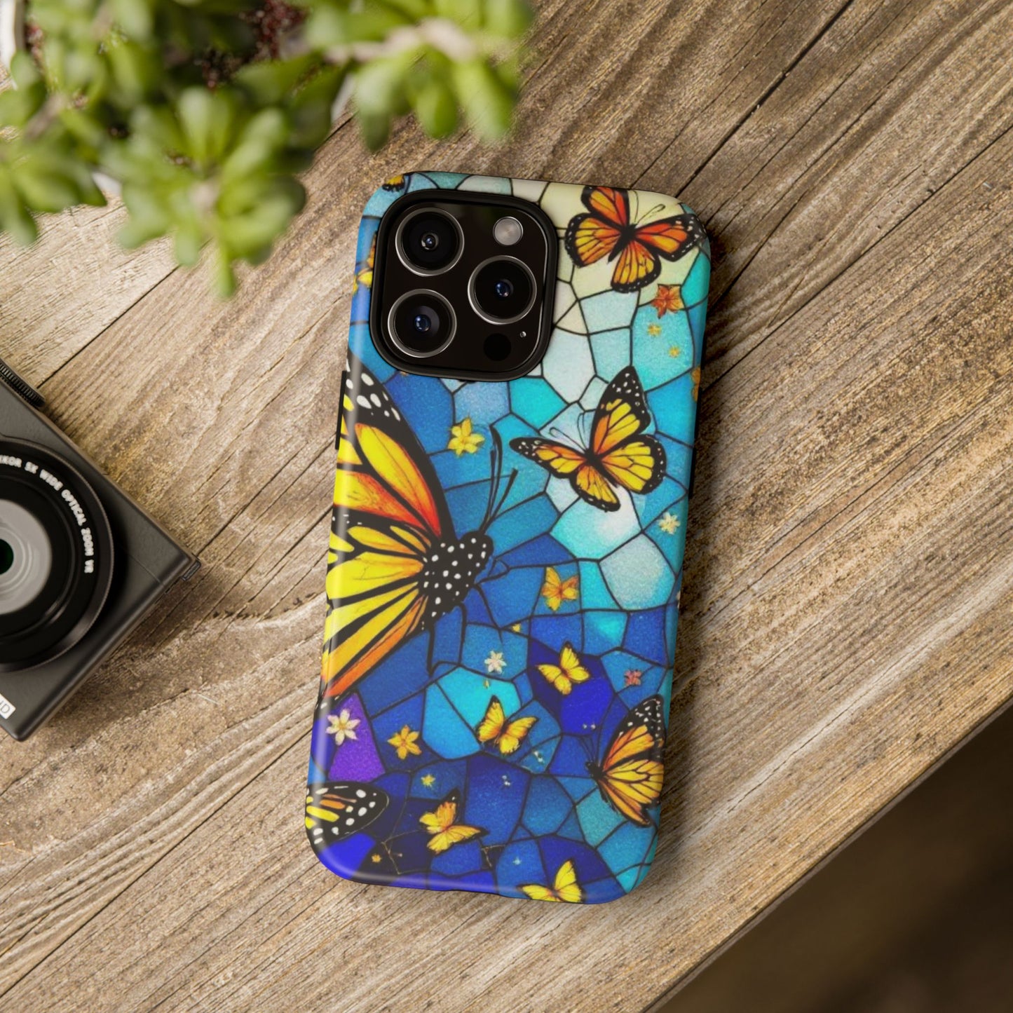 Boho Butterfly Phone Case compatible with iPhone 16 15 14 13 12 11 Pro Max Samsung Pixel Vibrant Blue Stained Glass Monarch Art Gift for Her