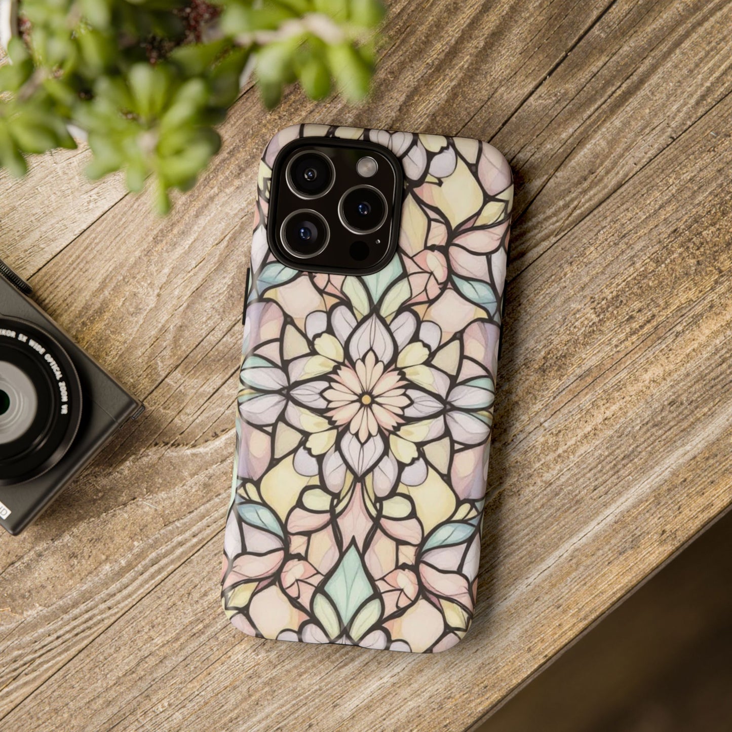 Pastel Stained Glass Mandala Phone Case, Tough Durable Vintage Floral Artistic Design compatible with iPhone, Samsung & Google Pixel Models