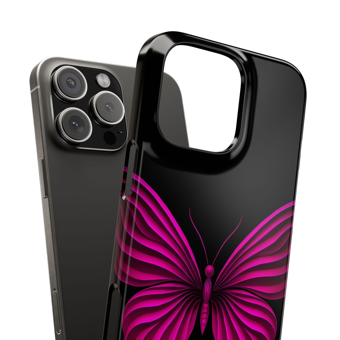 Pink Butterfly Phone Case, Elegant Insect Art, Black Aesthetic Slim Phone Case Compatible with iPhone, Galaxy, Google