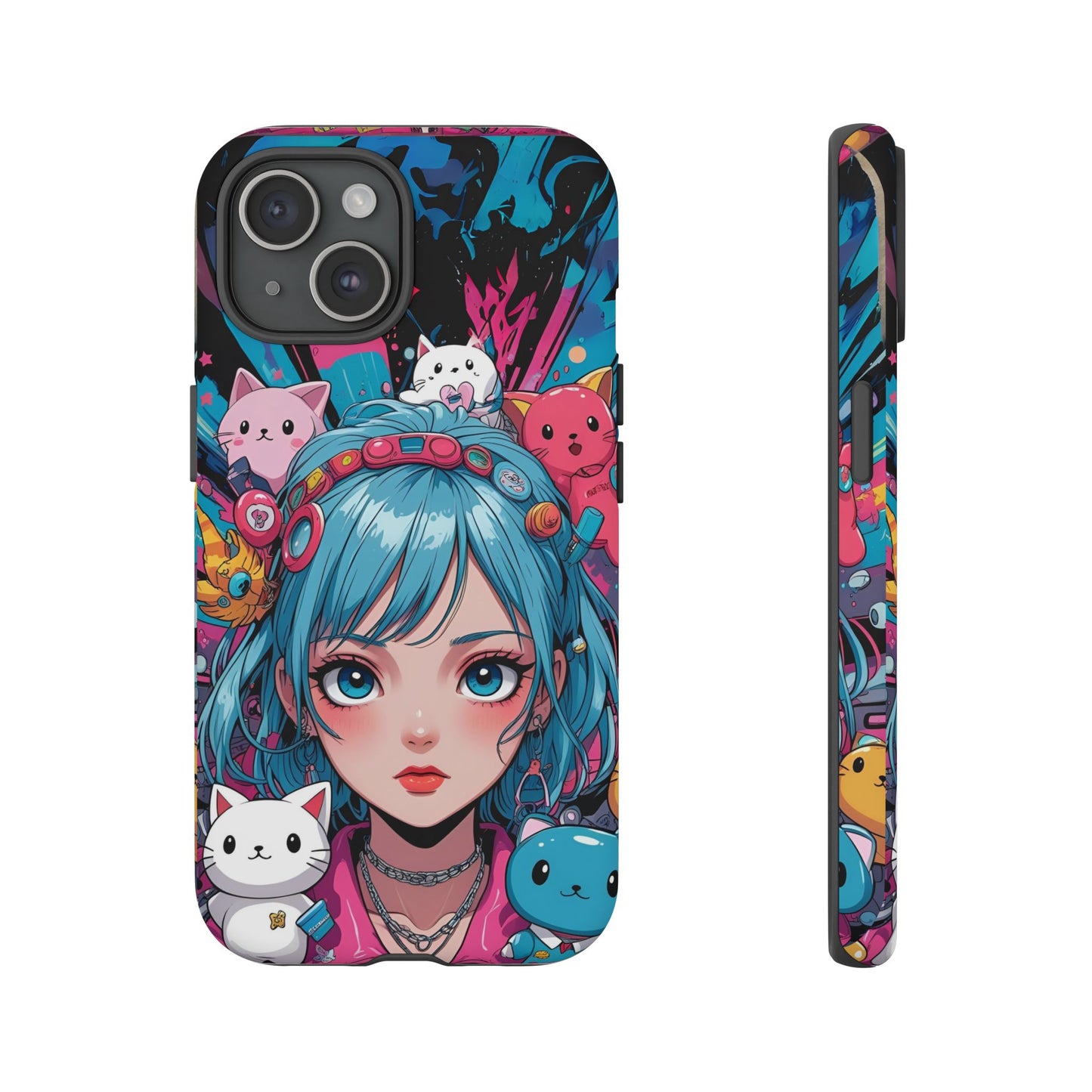 Y2K Anime Girl Tough Phone Case - Cute Maximalist Aesthetic, Kawaii Vaporwave Style, Compatible with iPhone, Galaxy, and Google Phones