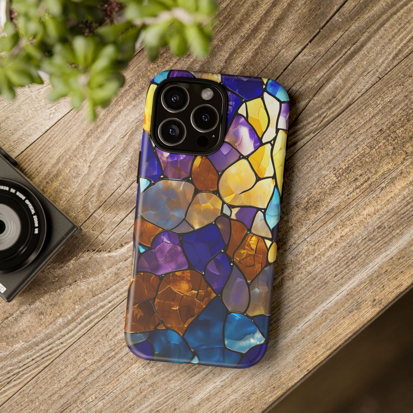 Boho Stained Glass Phone Case iPhone 16 15 14 13 12 11 X 8 7 Samsung Galaxy Pixel Models, Blue and Gold Mosaic Aesthetic Protective Cover