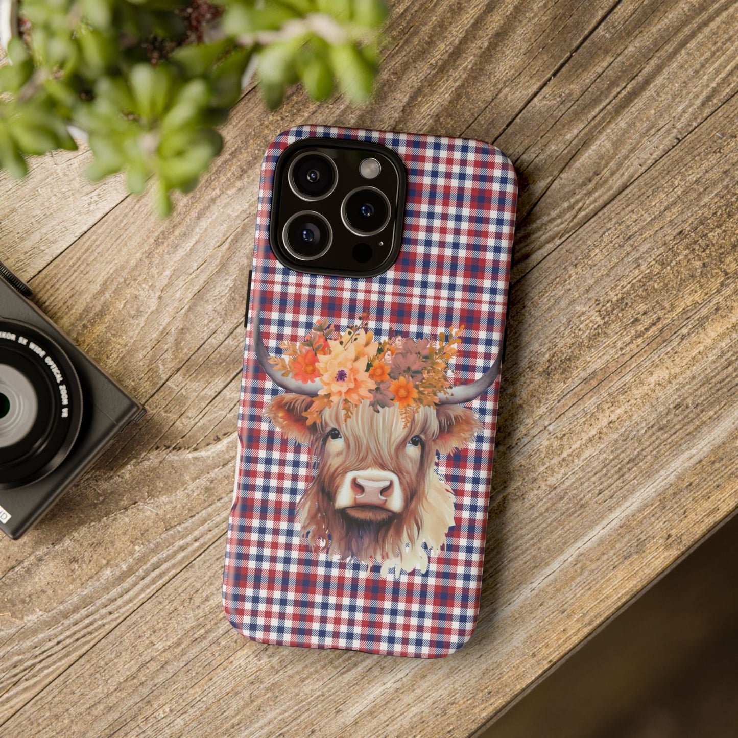 Floral Highland Cow Phone Case, Red White Blue Plaid | Rustic Western Boho Farmhouse | iPhone, Google, Galaxy Compatible