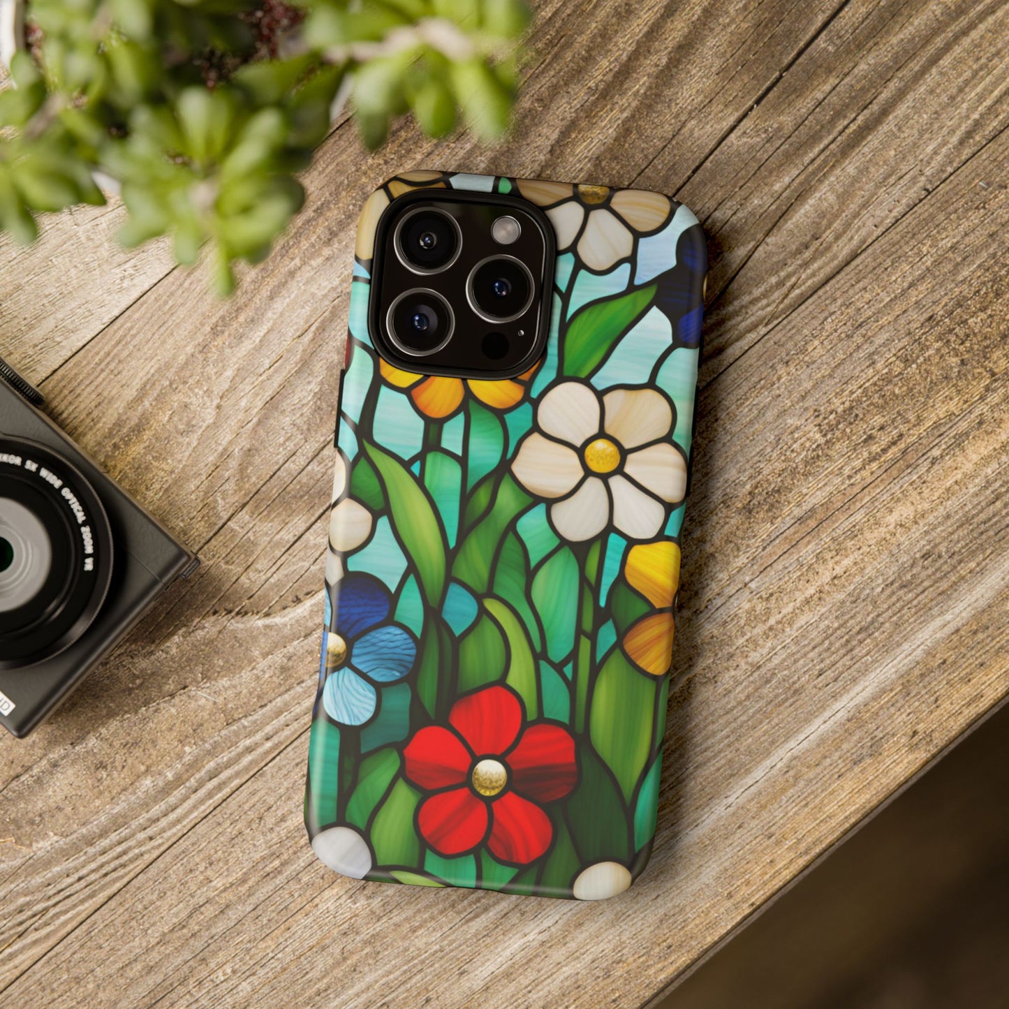 Stained Glass Floral Tough Phone Case Vibrant Protective Cover compatible with iPhone 16 Pro Max Plus 15 14 13 12 11 X Samsung, Google Pixel