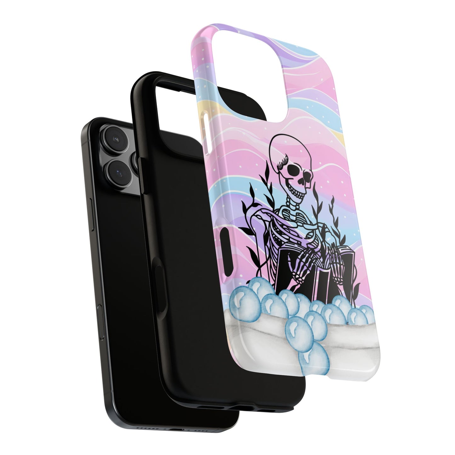 Summerween Pastel Skeleton Phone Case, Goth Bathtime Book Lover Phone Cover, Cute Halloween Bubble Bath Case, Spooky Cute Coquette Aesthetic