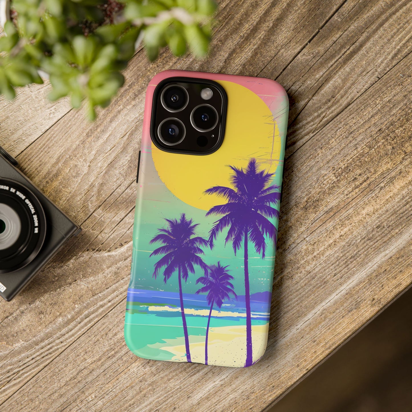 Neon Sunset Beach Vibes Case - Retro Vaporwave Aesthetic with Sunset and Tropical Palms Trees, compatible with iPhone, Samsung Galaxy, Pixel