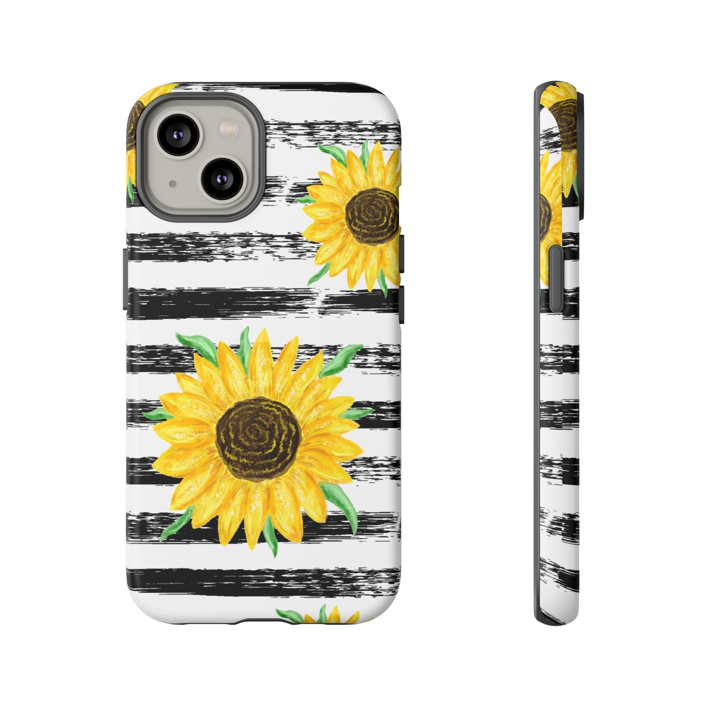 Sunflower Tough Phone Case - Bright Yellow Floral Art, Black and White Striped Aesthetic, Compatible with iPhone, Galaxy, and Google Phones