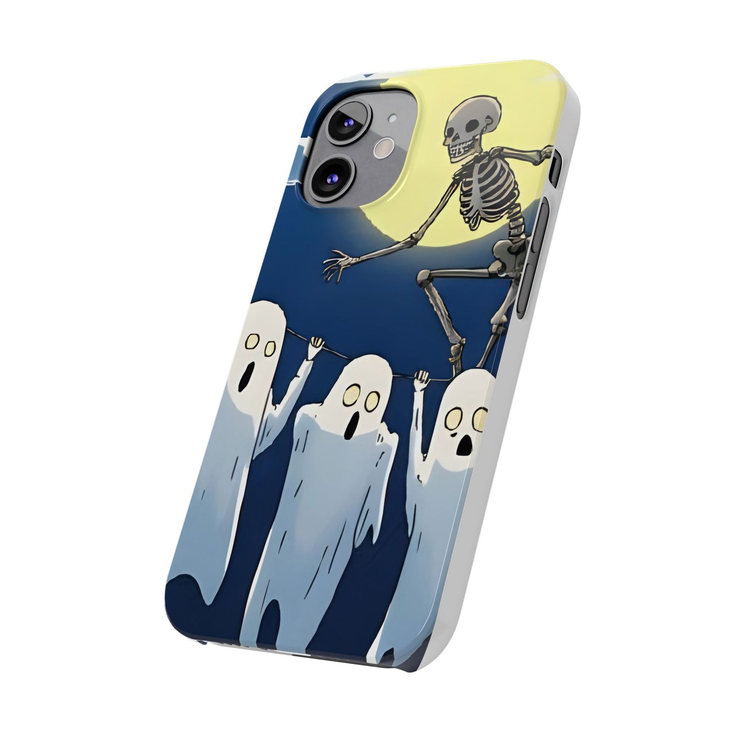 Jumping Skeleton Slim Phone Case - Halloween Aesthetic, Creepy Cute Ghost Cartoon Style, Compatible with iPhone, Galaxy, and Google Phones