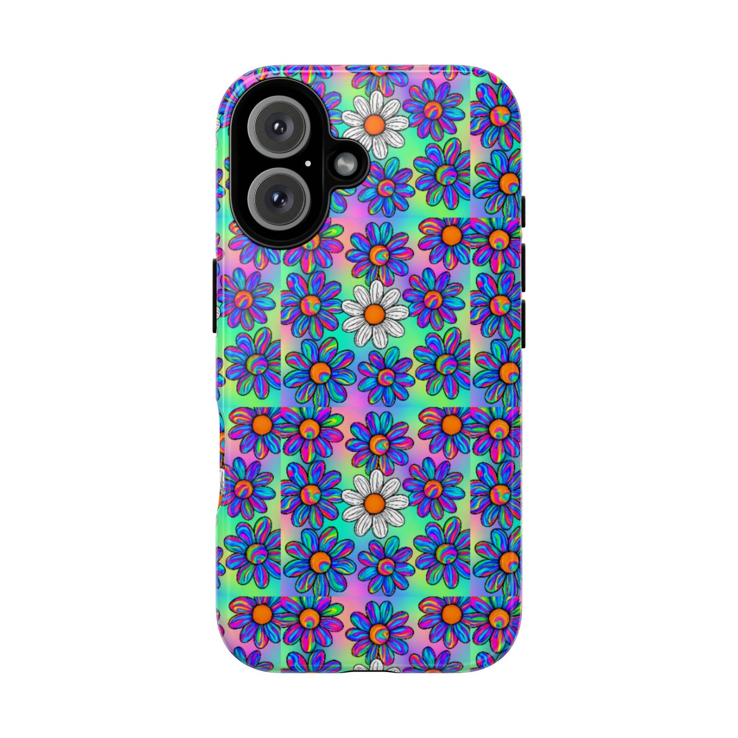 Trippy Daisy Tough Phone Case - Psychedelic Floral Aesthetic, Colorful Groovy Design, Compatible with iPhone, Galaxy, and Google Phones