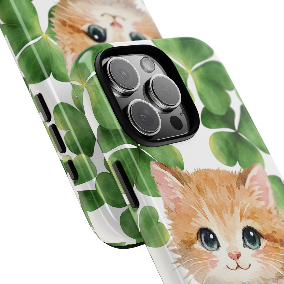 Ginger Kitten Tough Phone Case, St Patricks Day Cat Art with Shamrocks, Cute Irish Cat Gift Compatible with iPhone Galaxy Google