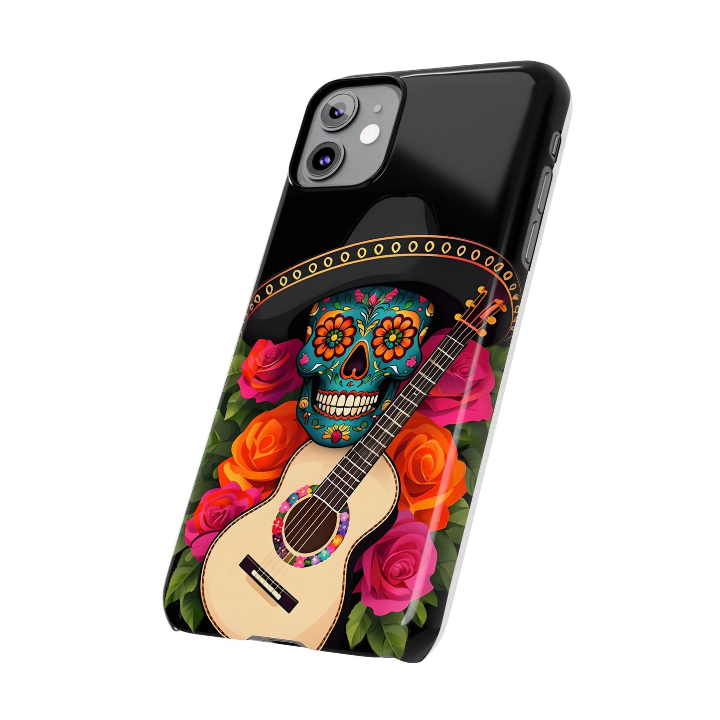 Mariachi Skull Slim Phone Case, Colorful Folk Aesthetic, Halloween Floral Skull Design, Gift for Mexican Culture Lovers