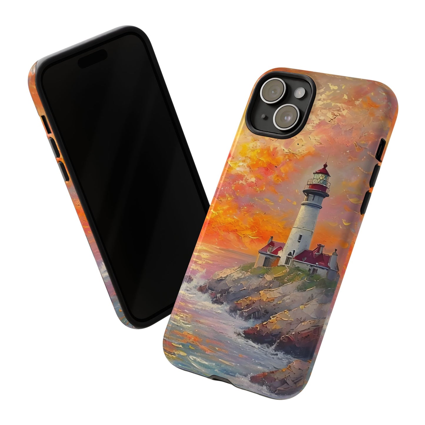 Lighthouse Ocean Scenery Tough Phone Case, Oil Painting, Sunset Coastal Compatible with iPhone 17, 16, 15, 14, 13, Galaxy, Google