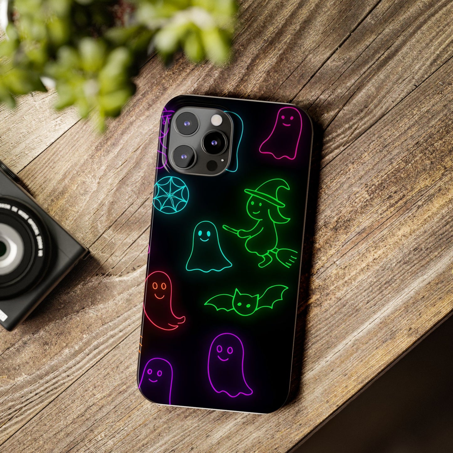 Neon Halloween Phone Case, Cute Ghost Witch Aesthetic Slim Phone Case, Compatible with iPhone, Galaxy, Google
