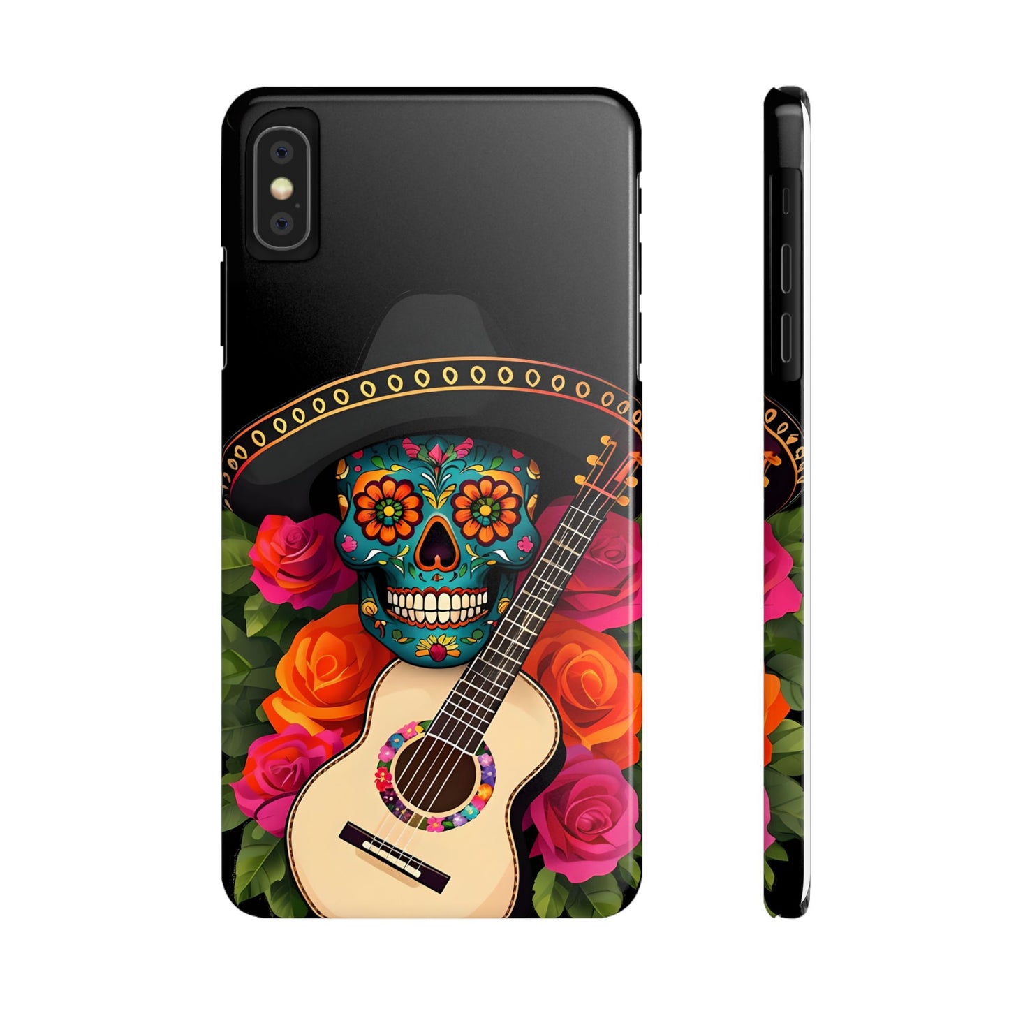 Mariachi Skull Slim Phone Case, Colorful Folk Aesthetic, Halloween Floral Skull Design, Gift for Mexican Culture Lovers
