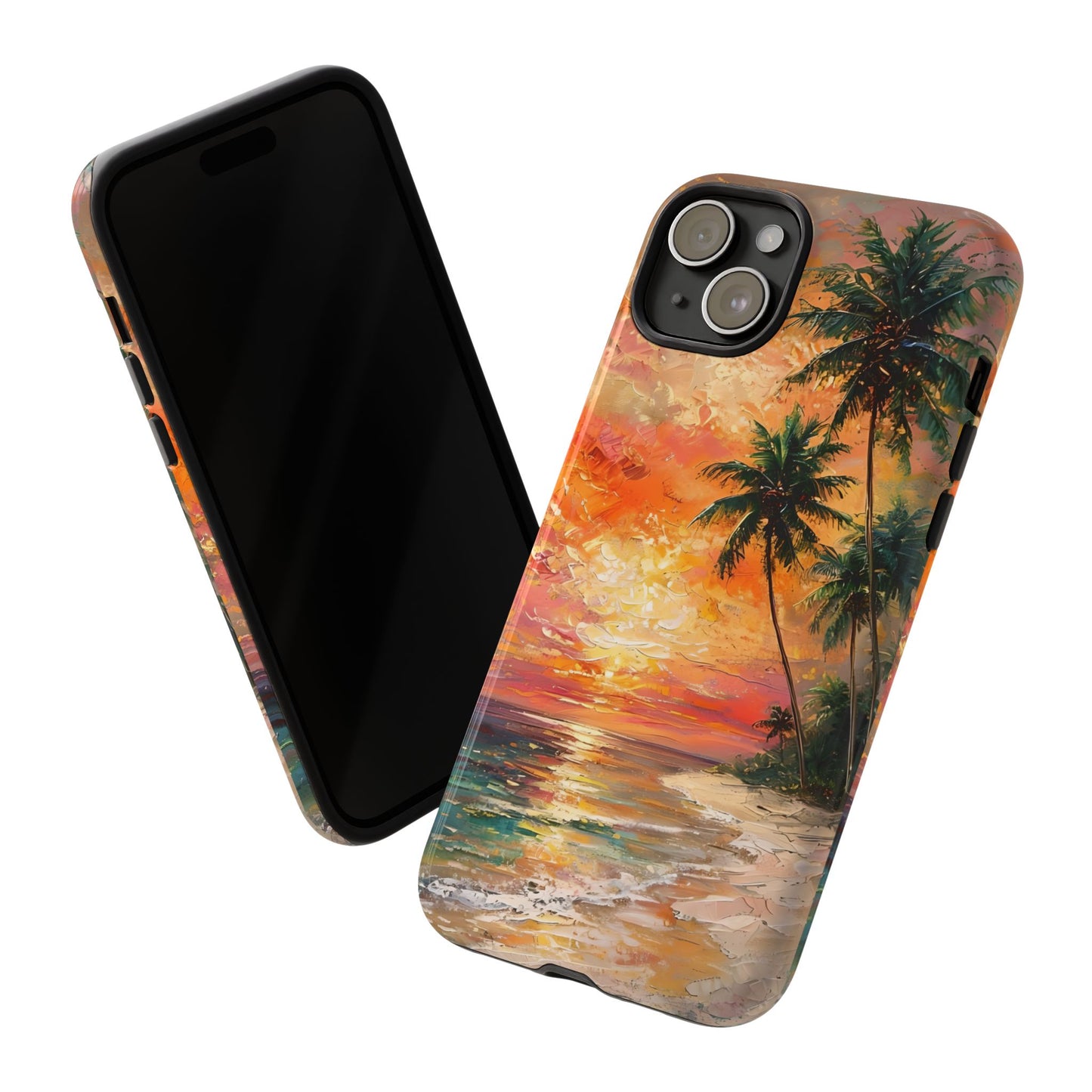 Tropical Beach Scenery Tough Phone Case, Oil Painting, Sunset Shoreline Compatible with iPhone 17, 16, 15, 14, 13, Galaxy, Google