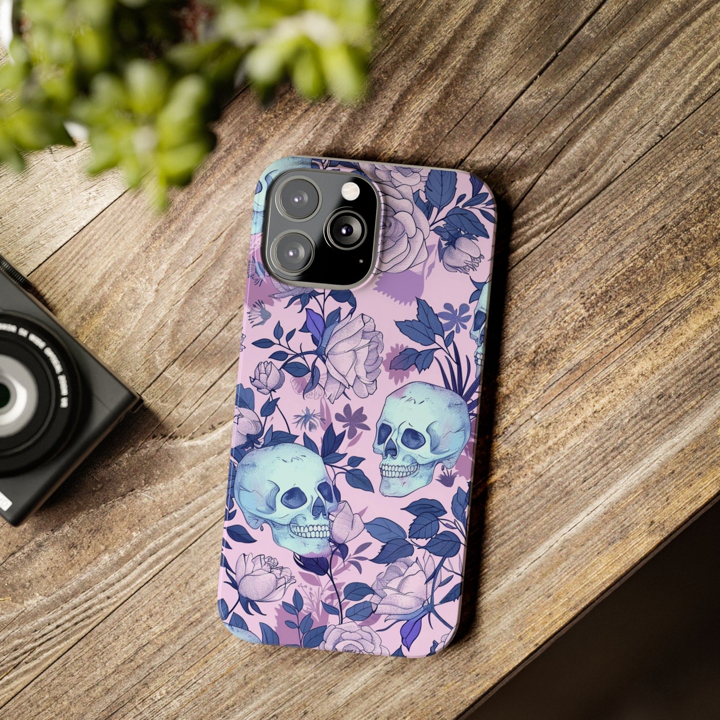 Floral Skull Slim Phone Case - Aesthetic, Trendy, Gift for Goth Lovers, Unique Phone Accessories, Floral Print, Halloween Decor