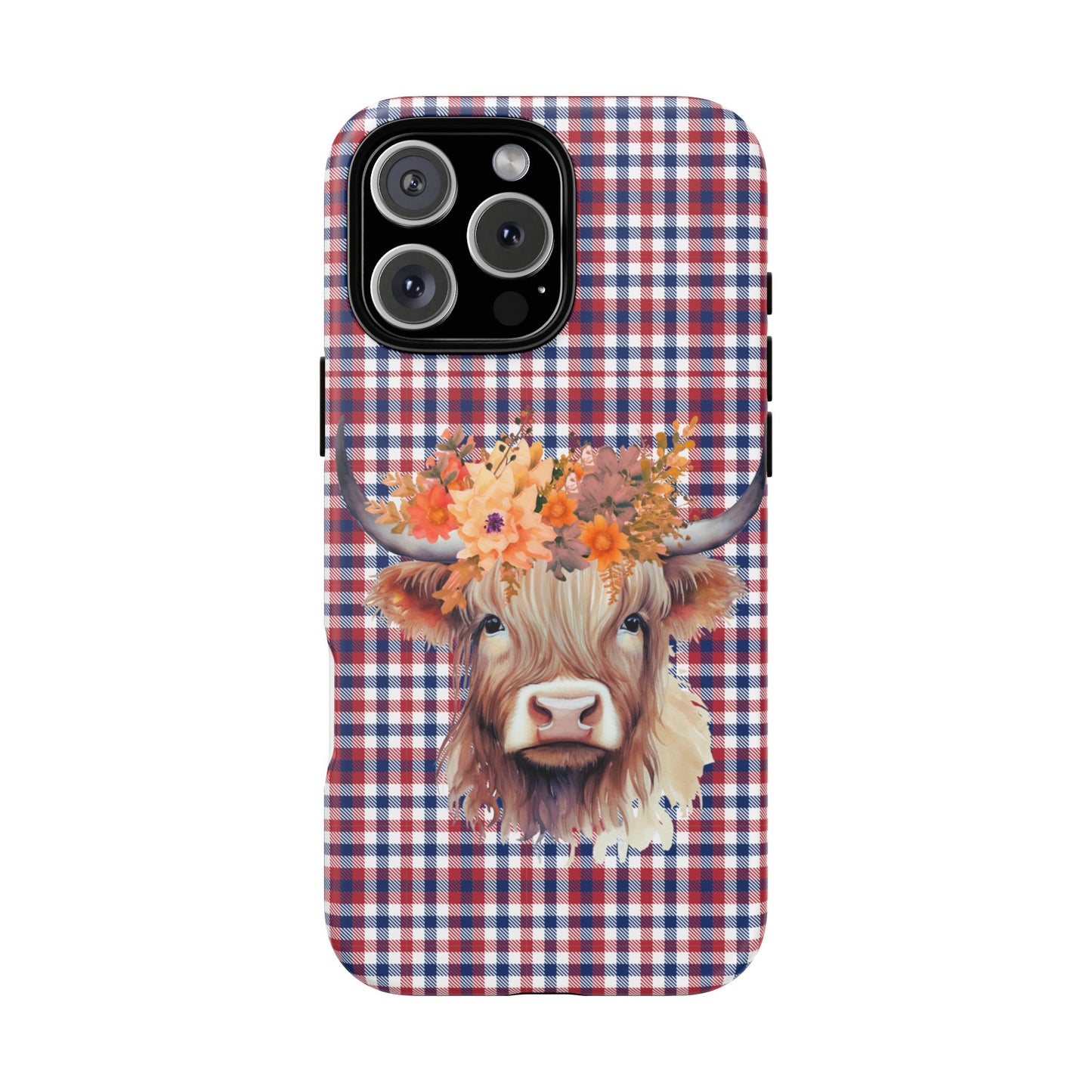 Floral Highland Cow Phone Case, Red White Blue Plaid | Rustic Western Boho Farmhouse | iPhone, Google, Galaxy Compatible