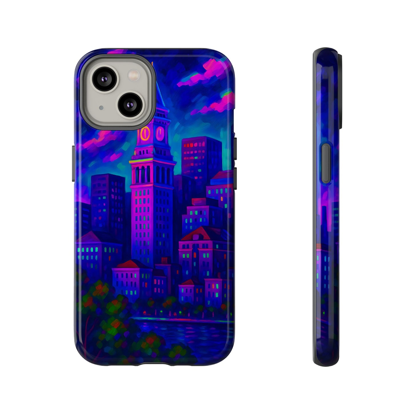 Boston Cityscape Tough Phone Case, Neon Night Skyline, Sunset Tower View Watercolor Urban Art, Compatible with iPhone, Galaxy, Google Phones