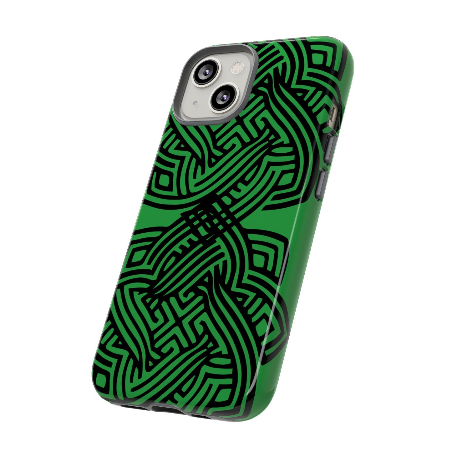 Tough Case Celtic Knot Green and Black Pattern Phone Cover Compatible with iPhone 17, 16, 15, 14, 13, Galaxy, Google, Irish Heritage Design
