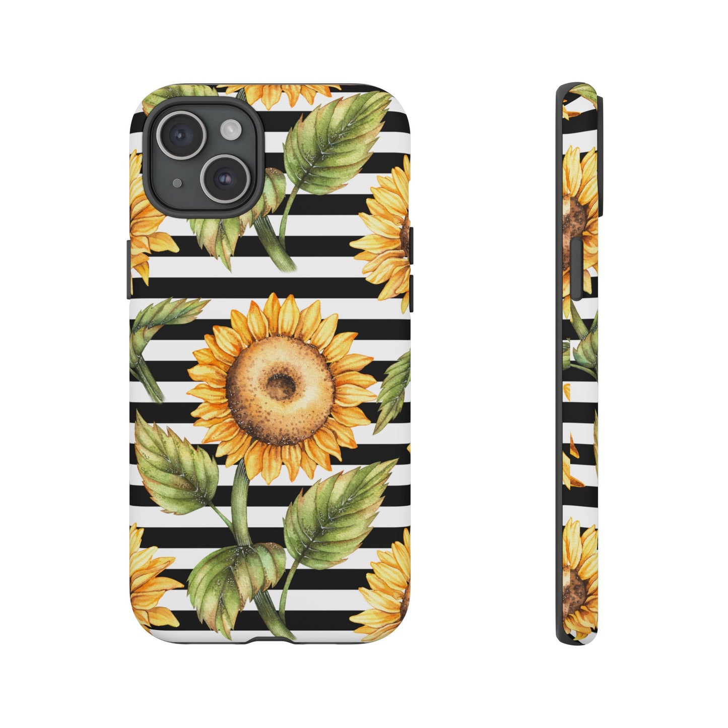 Sunflower Tough Phone Case - Bold Yellow Floral Art, Black and White Striped Aesthetic, Compatible with iPhone, Galaxy, and Google Phones