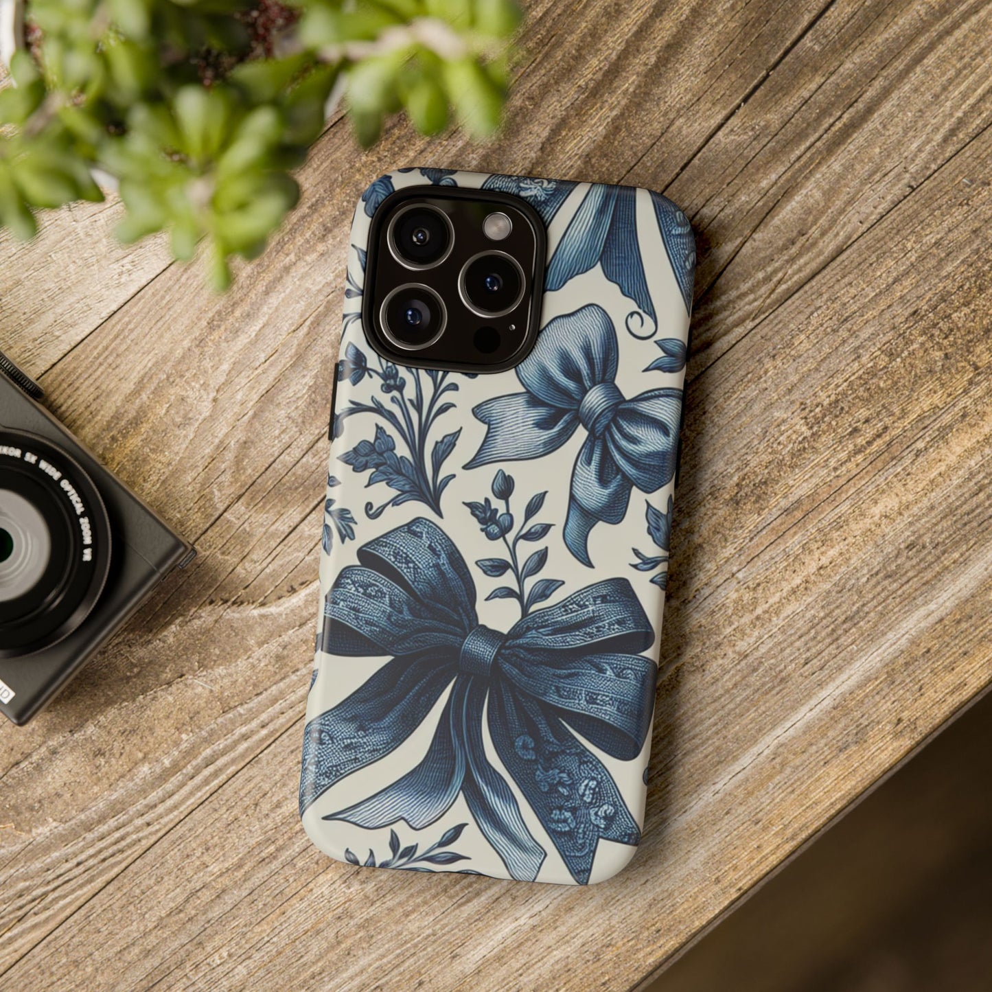 Coquette Vintage Bow Phone Case compatible with iPhone 16 pro max plus 15 14 13 12 11 10 9 8 X Samsung, Pixel Cute Blue Ribbon Floral Design