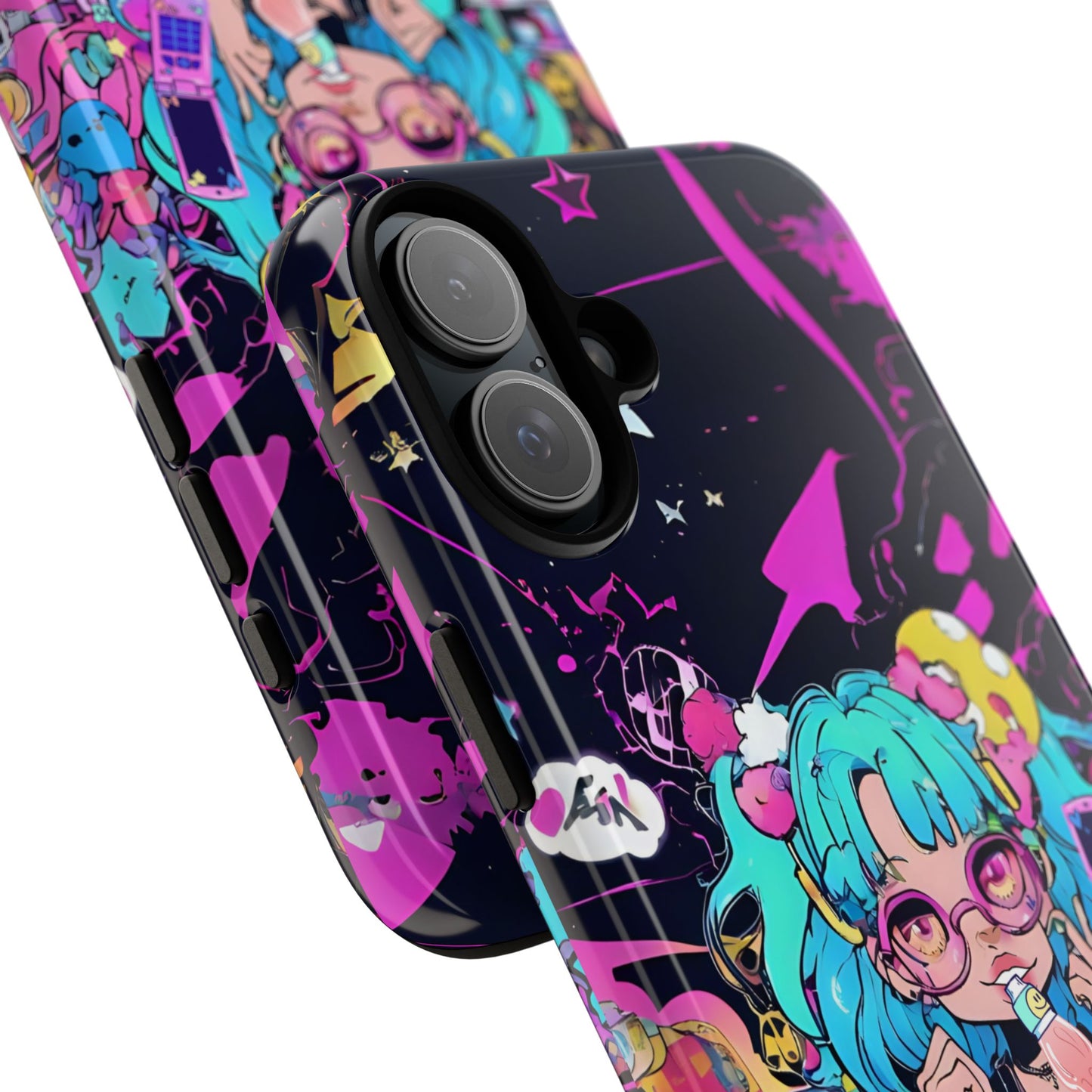 Y2K Anime Girl Tough Phone Case - Kawaii Vaporwave Style, Cute Maximalist Aesthetic, Compatible with iPhone, Galaxy, and Google Phones