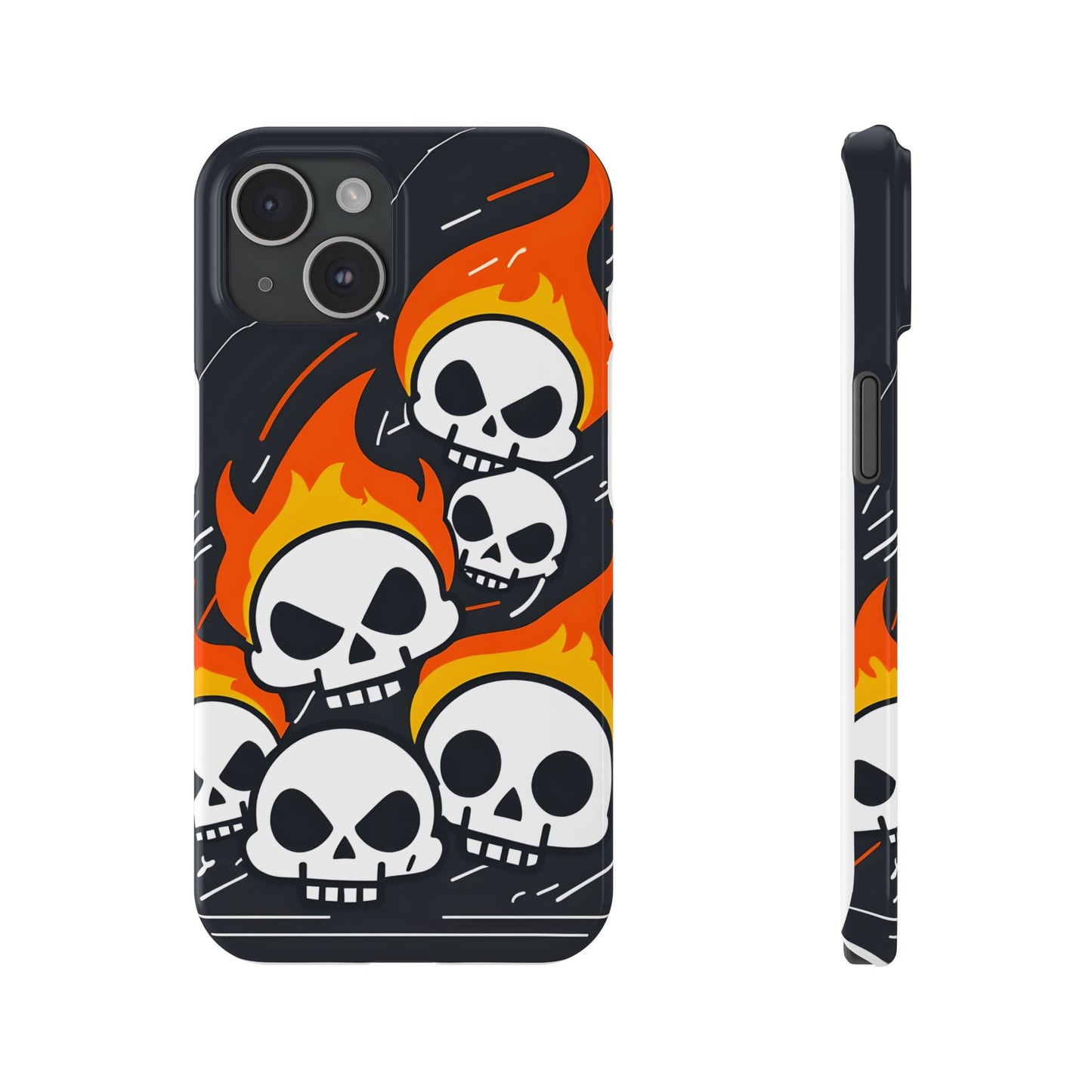 Flaming Skulls Slim Phone Case, Y2K Alt Halloween Aesthetic, Creepy Cute Cartoon Style, Stylish Music Lovers, Perfect Gift for Halloween