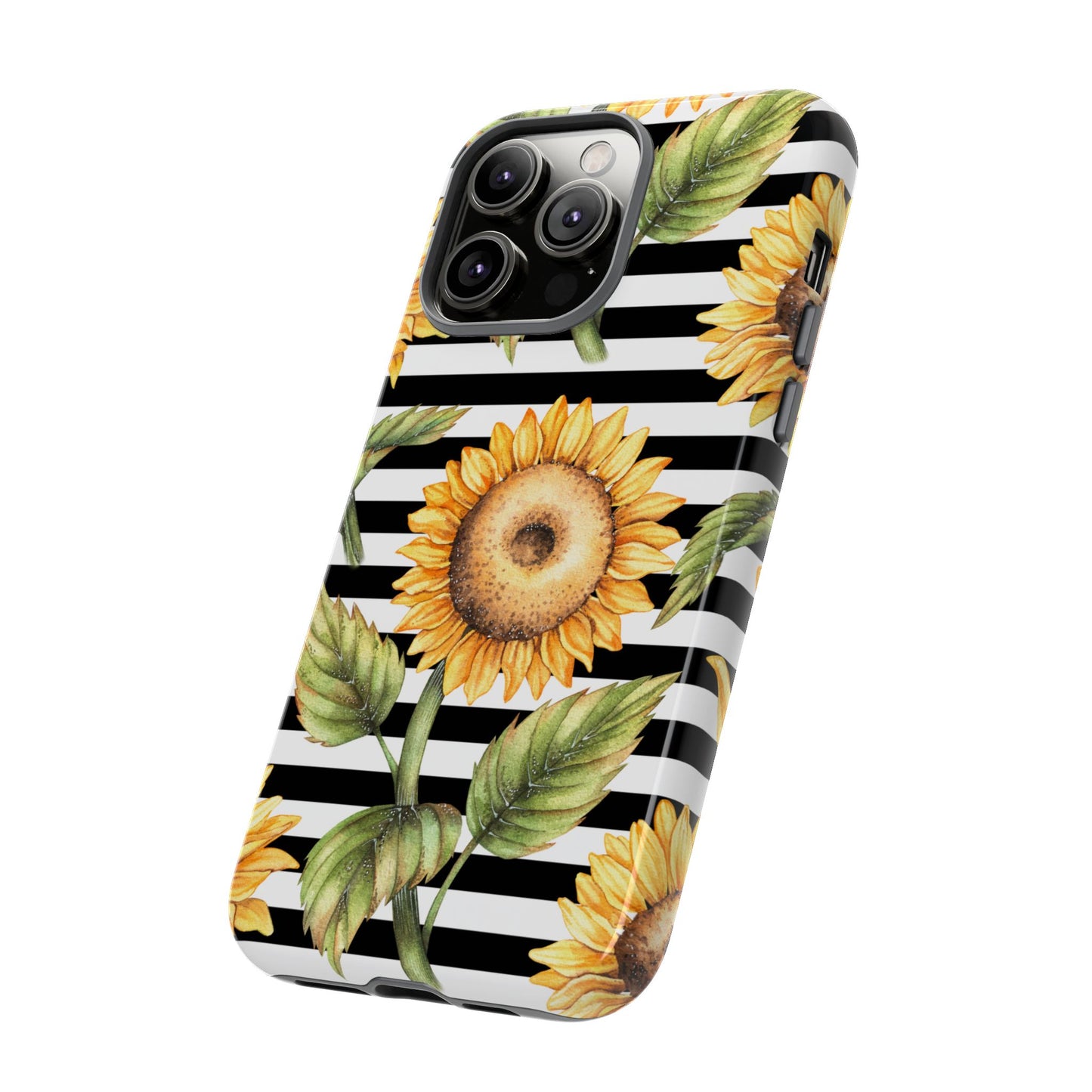Sunflower Tough Phone Case - Bold Yellow Floral Art, Black and White Striped Aesthetic, Compatible with iPhone, Galaxy, and Google Phones
