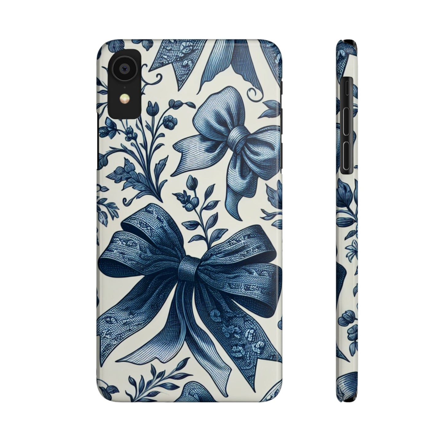 Elegant Floral Bow Slim Phone Case, Blue Flower Phone Cover, Gift for Her, Stylish Tech Accessory, Wedding Gift, Floral Design