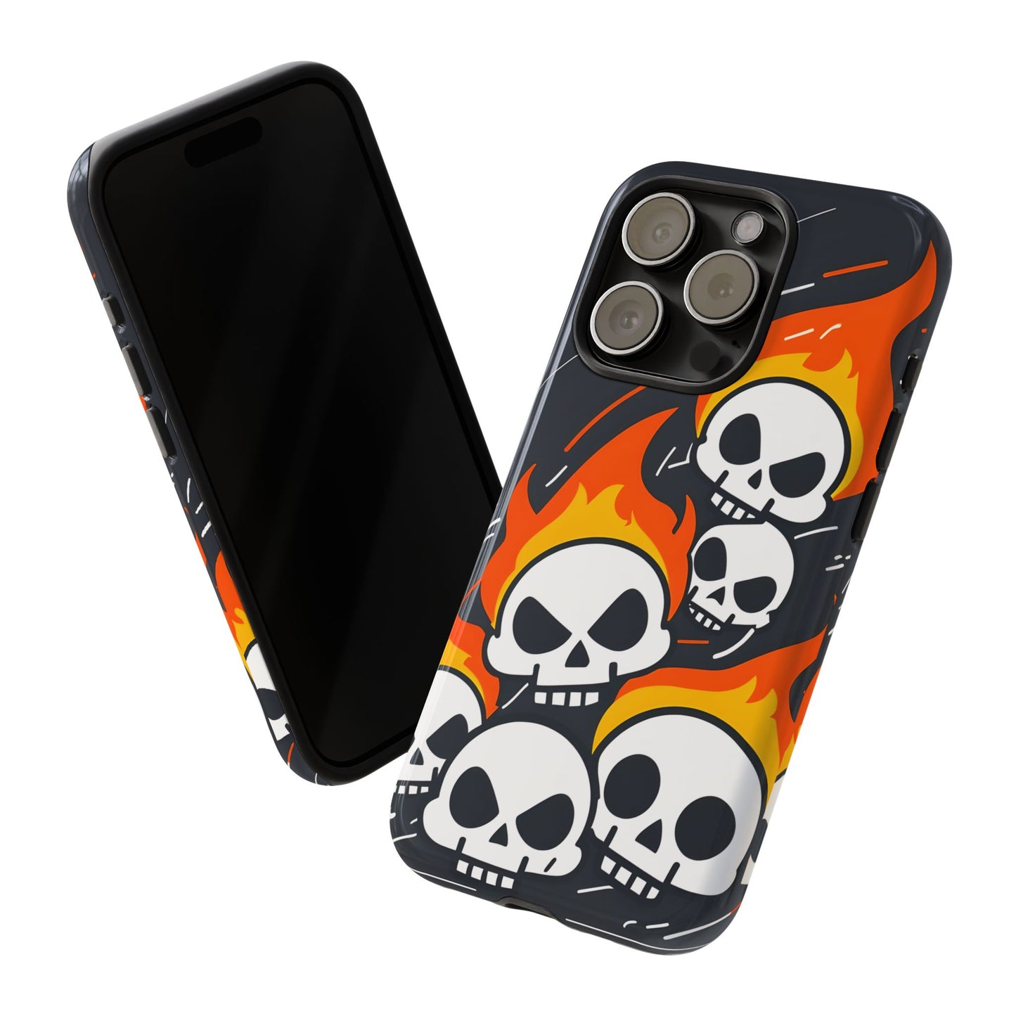 Flaming Skulls Tough Phone Case - Y2K Alt Halloween Aesthetic, Creepy Cute Cartoon Style, Compatible with iPhone, Galaxy, and Google Phones