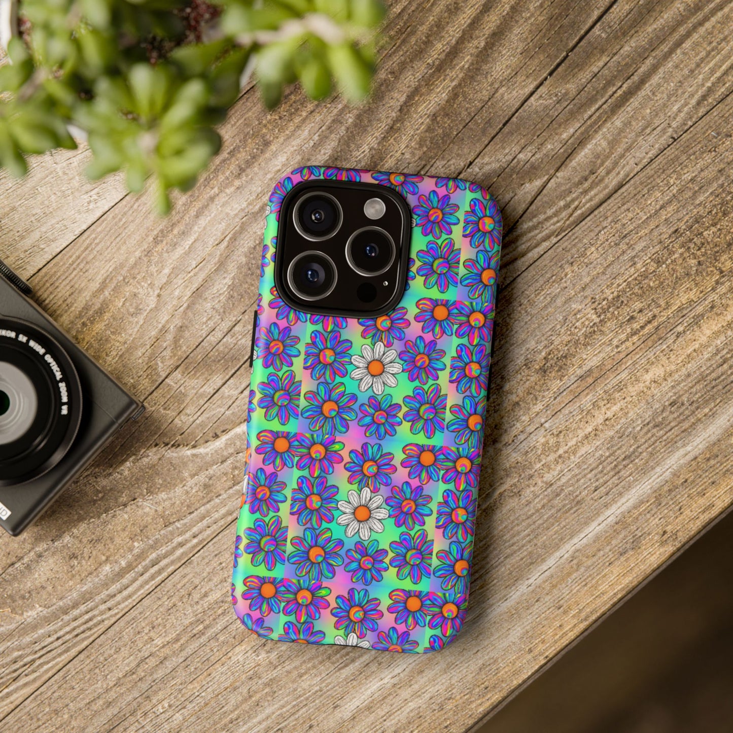 Trippy Daisy Tough Phone Case - Psychedelic Floral Aesthetic, Colorful Groovy Design, Compatible with iPhone, Galaxy, and Google Phones