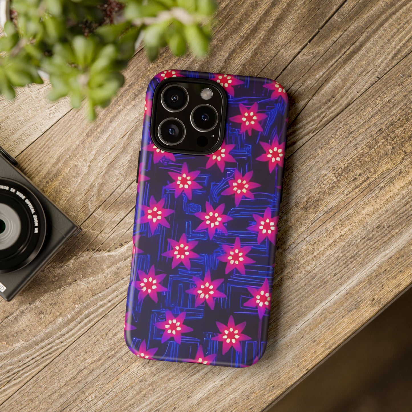 Neon Flower Tough Phone Case - Trippy Dark Floral Art, Electric Glow Aesthetic, Compatible with iPhone, Galaxy, and Google Phones