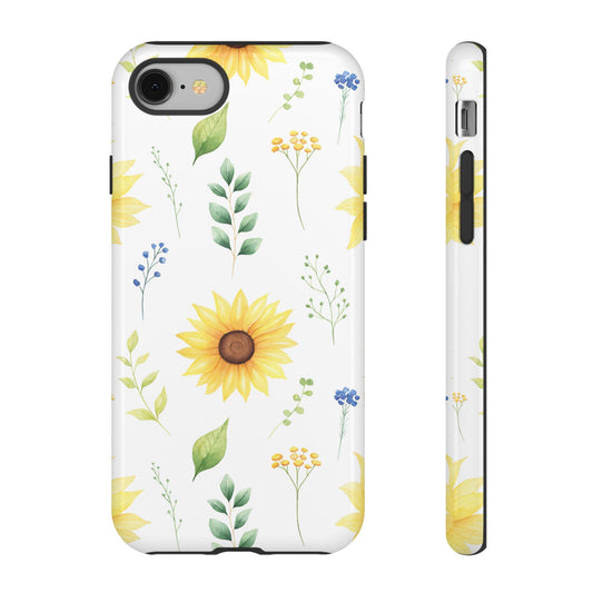 Sunflower Floral Tough Phone Case - Watercolor Botanical Print, Cottagecore Nature Aesthetic, Compatible with iPhone, Galaxy, and Google