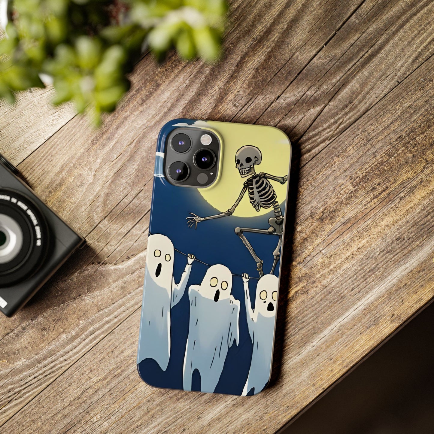 Jumping Skeleton Slim Phone Case - Halloween Aesthetic, Creepy Cute Ghost Cartoon Style, Compatible with iPhone, Galaxy, and Google Phones