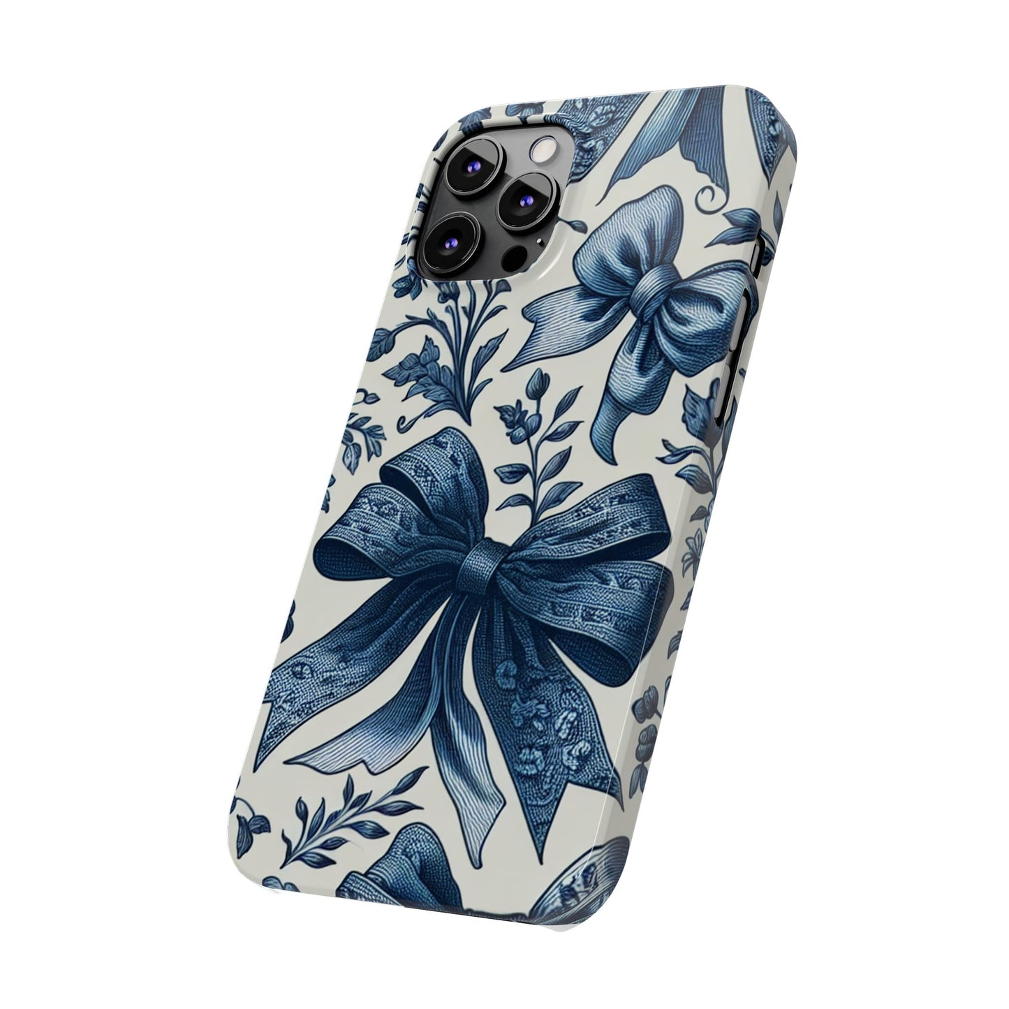 Elegant Floral Bow Slim Phone Case, Blue Flower Phone Cover, Gift for Her, Stylish Tech Accessory, Wedding Gift, Floral Design