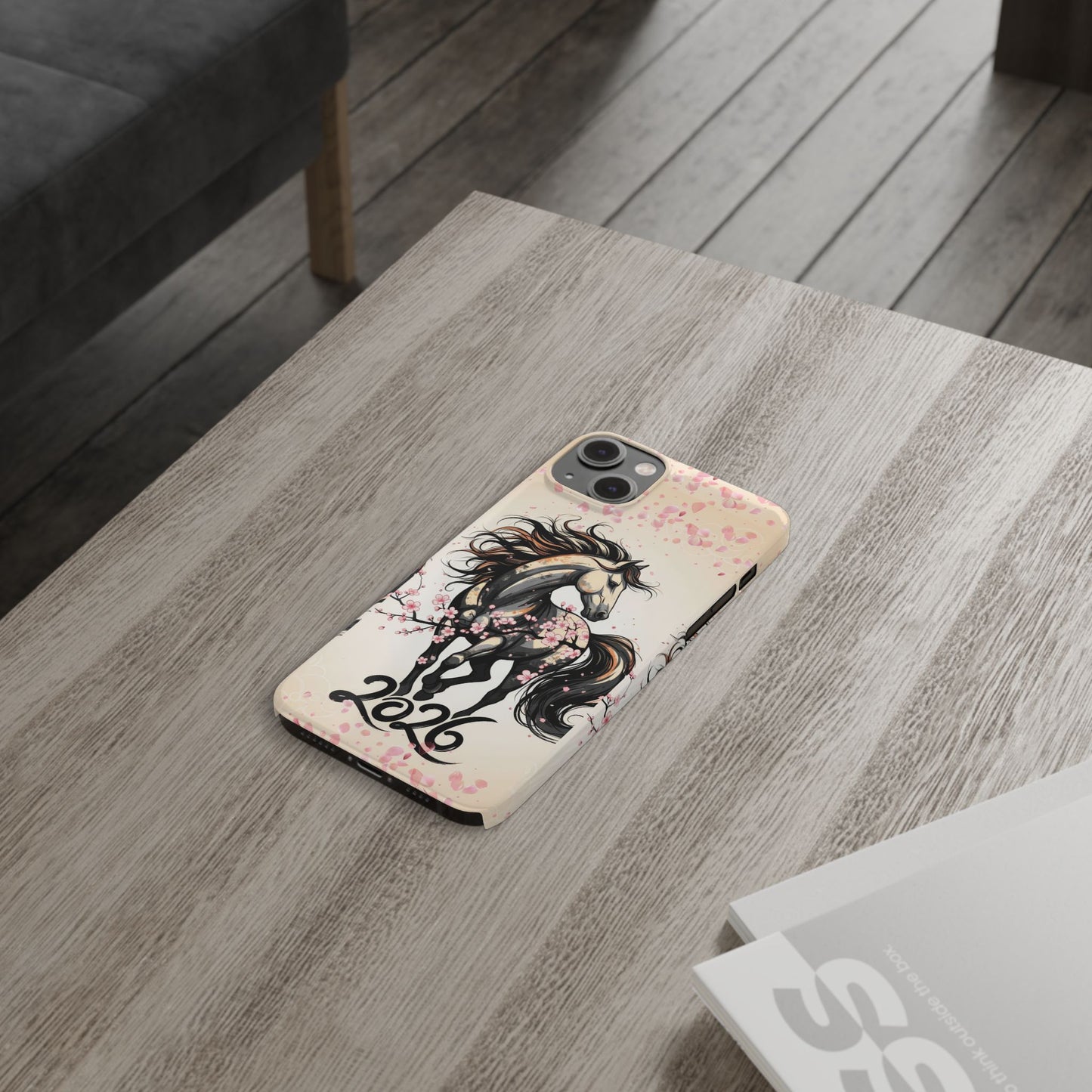 Year of the Horse Floral Art Slim Phone Case, Chinese Zodiac 2026 Design, compatible with iPhone 17 16 15 14 13 12 11