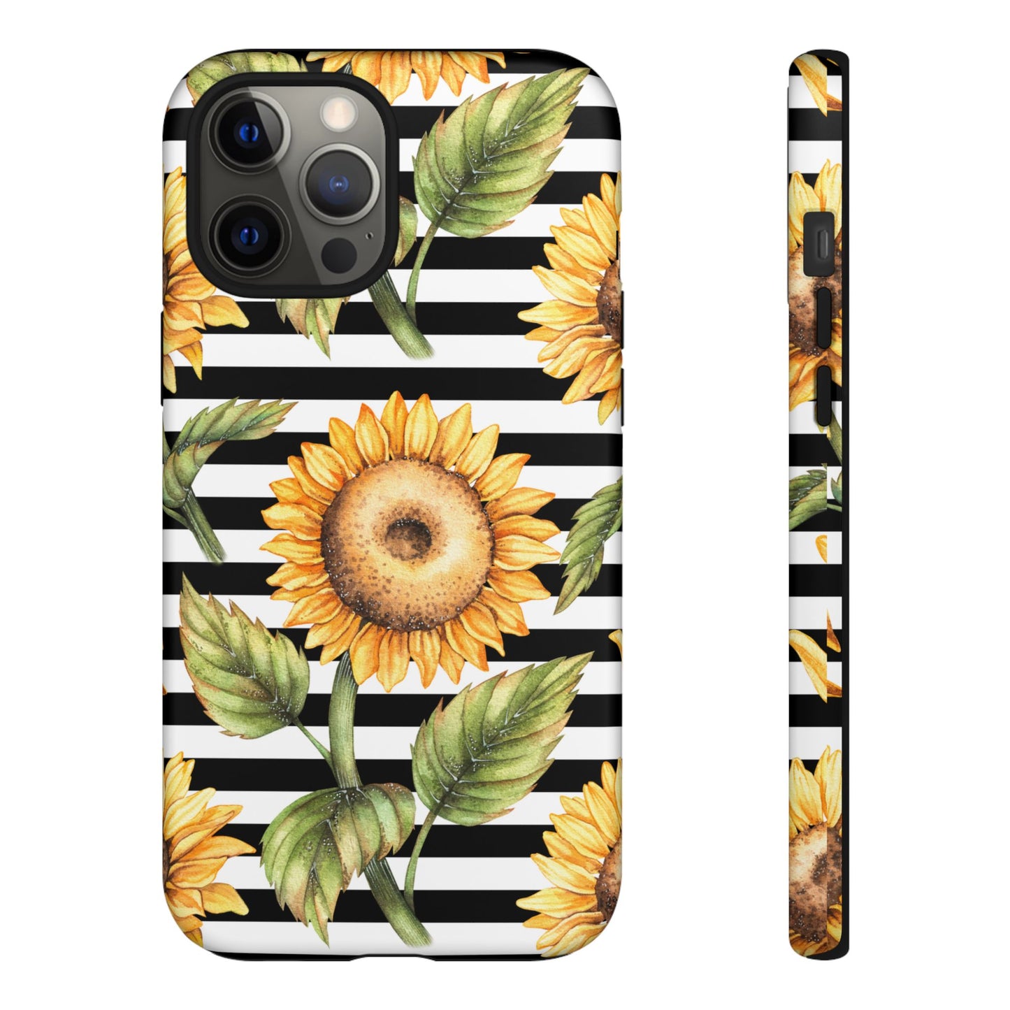 Sunflower Tough Phone Case - Bold Yellow Floral Art, Black and White Striped Aesthetic, Compatible with iPhone, Galaxy, and Google Phones