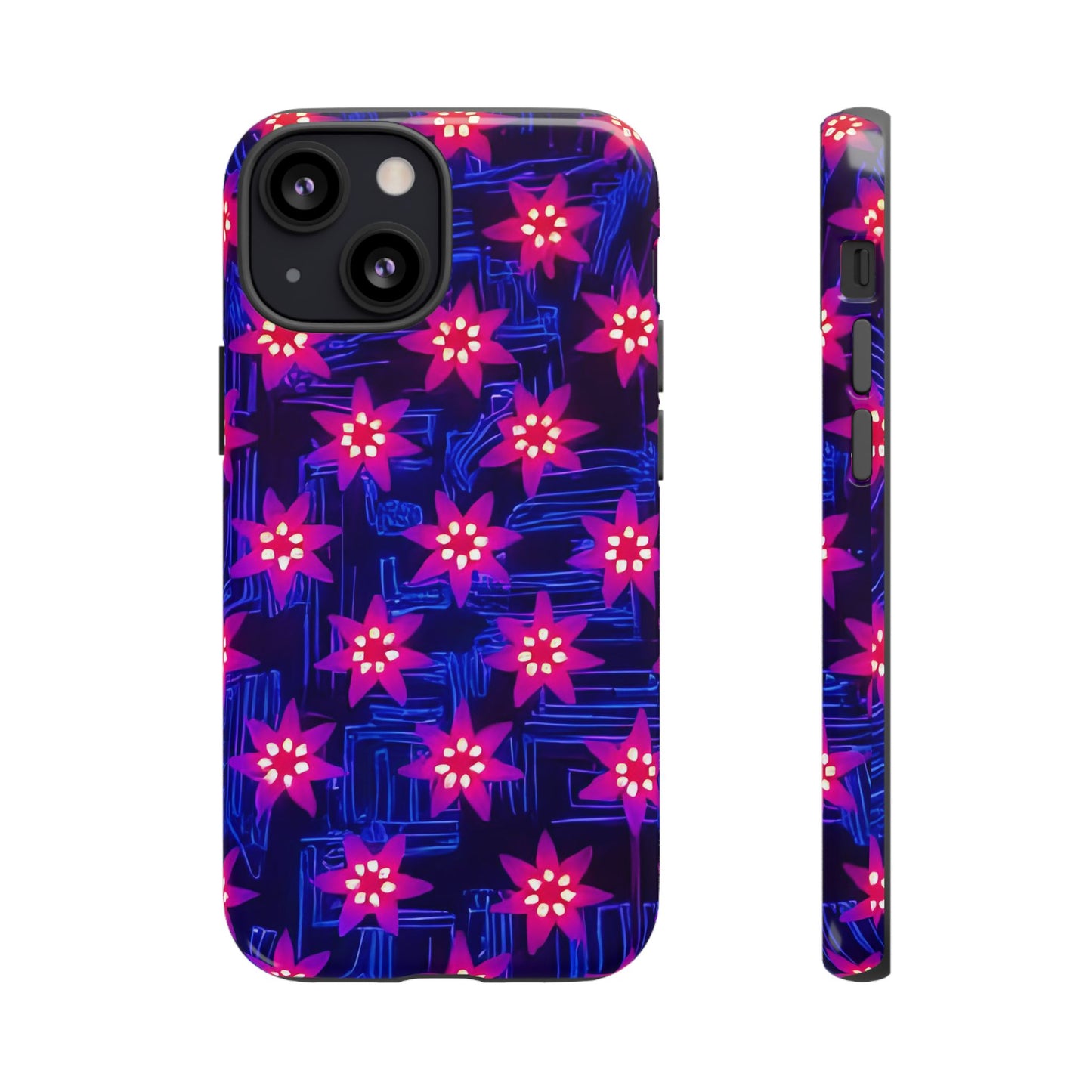Neon Flower Tough Phone Case - Trippy Dark Floral Art, Electric Glow Aesthetic, Compatible with iPhone, Galaxy, and Google Phones
