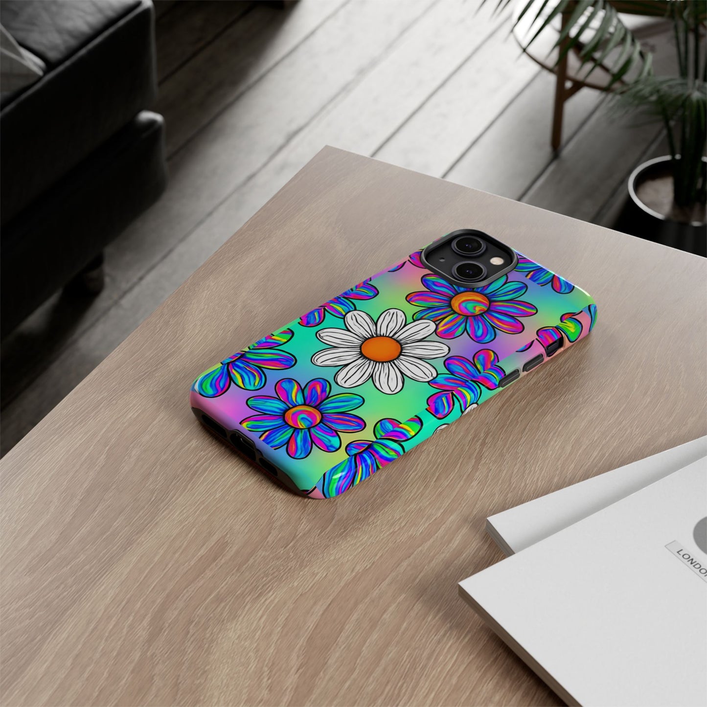 Trippy Daisy Tough Phone Case - Psychedelic Floral Design, Colorful Retro Aesthetic, Compatible with iPhone, Galaxy, and Google Phones