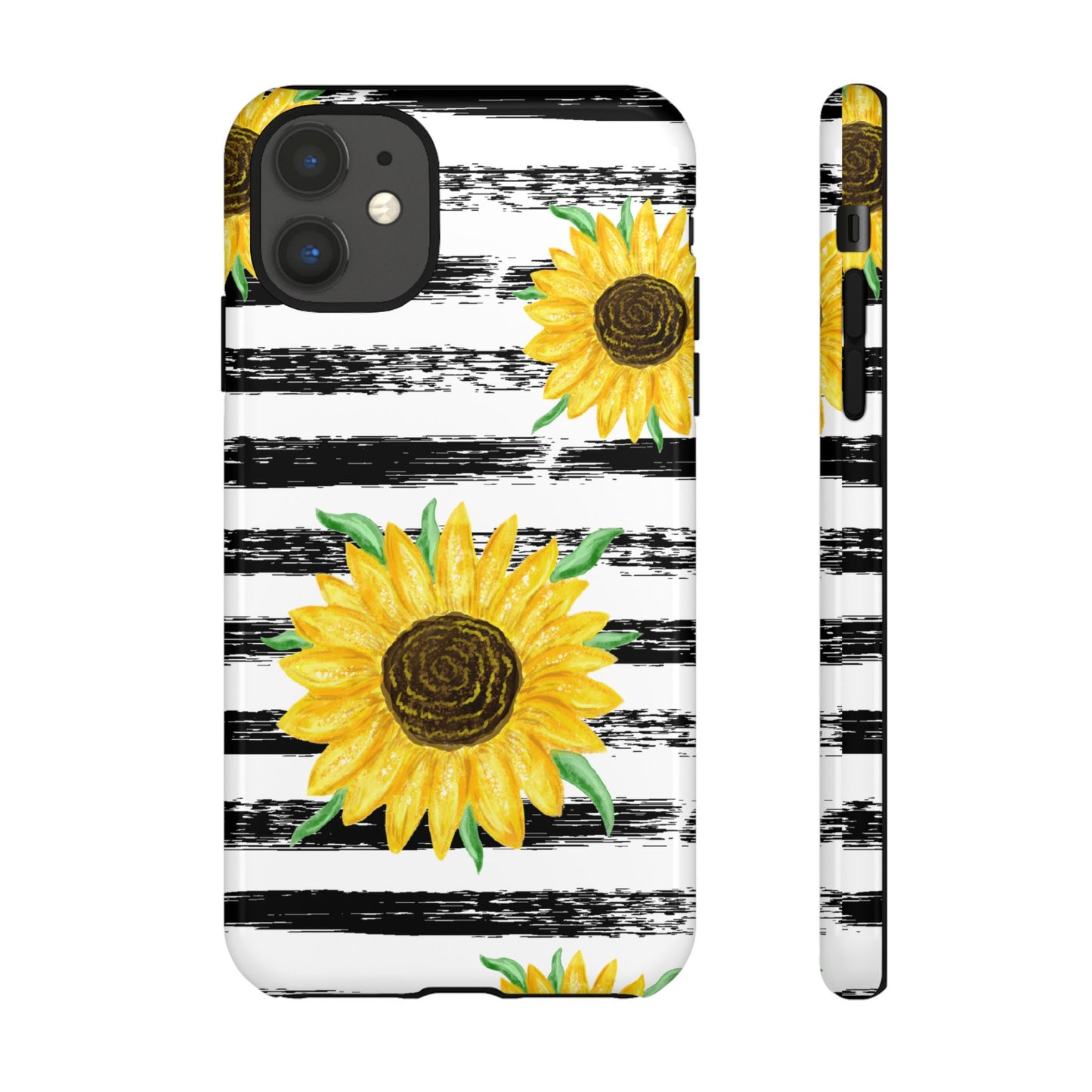 Sunflower Tough Phone Case - Bright Yellow Floral Art, Black and White Striped Aesthetic, Compatible with iPhone, Galaxy, and Google Phones