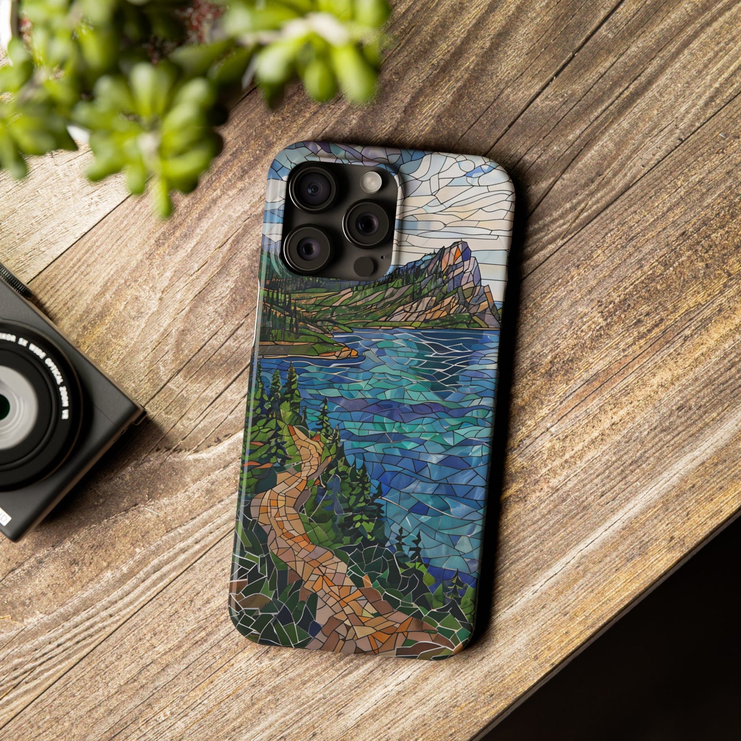 Isle Royale Mosaic Slim Phone Case, Remote Island Wilderness Art, Great Lakes Nature Aesthetic, Eco-Friendly Phone Accessory
