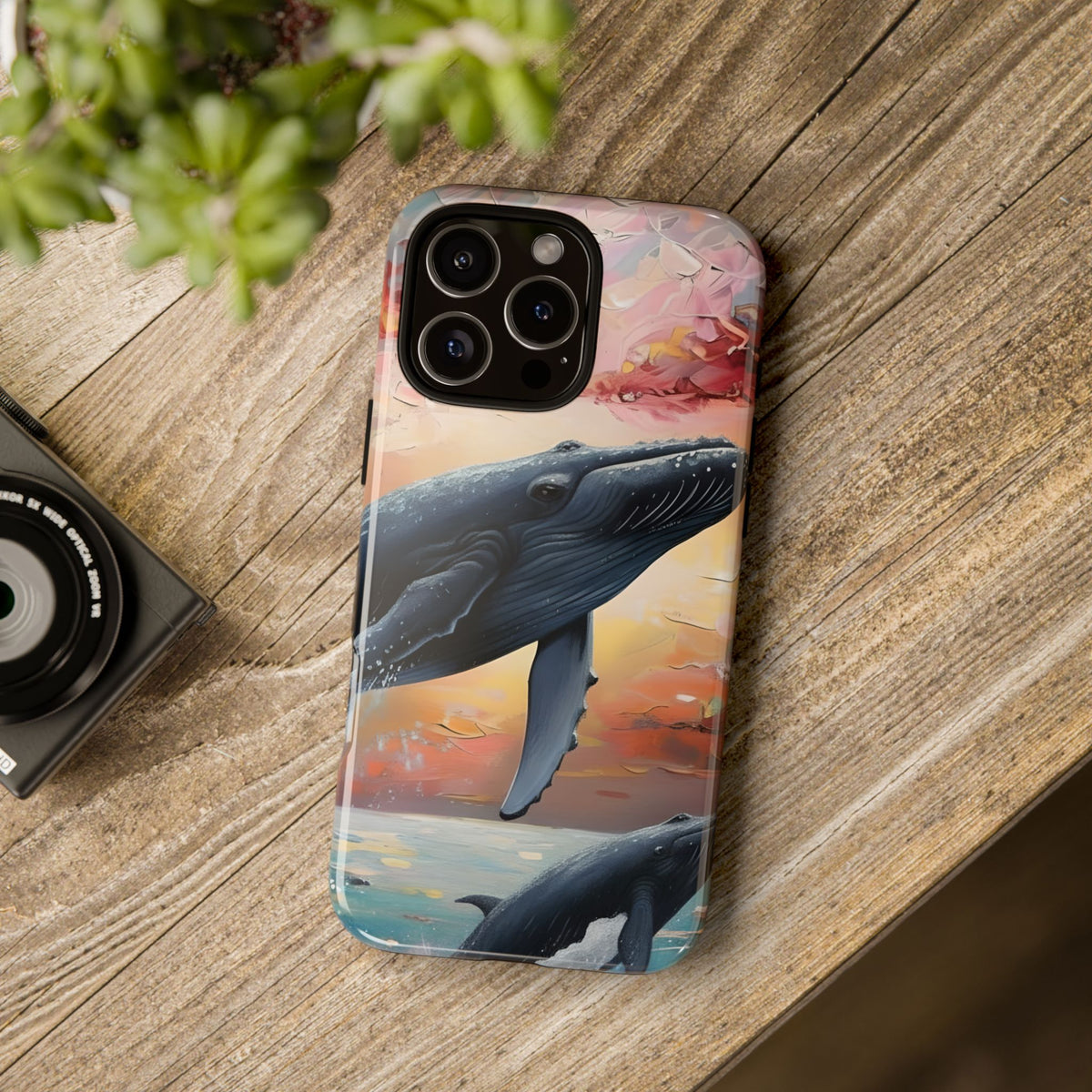 Whale Ocean Scenery Tough Phone Case, Oil Painting, Sunset Sea Life Compatible with iPhone 17, 16, 15, 14, 13, Galaxy, Google