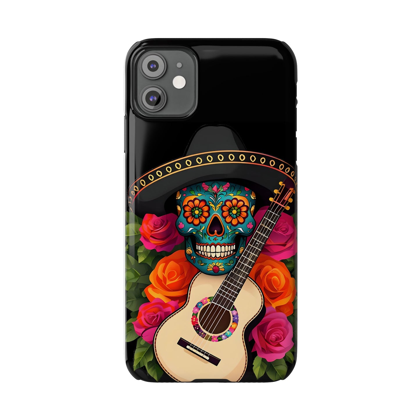 Mariachi Skull Slim Phone Case, Colorful Folk Aesthetic, Halloween Floral Skull Design, Gift for Mexican Culture Lovers