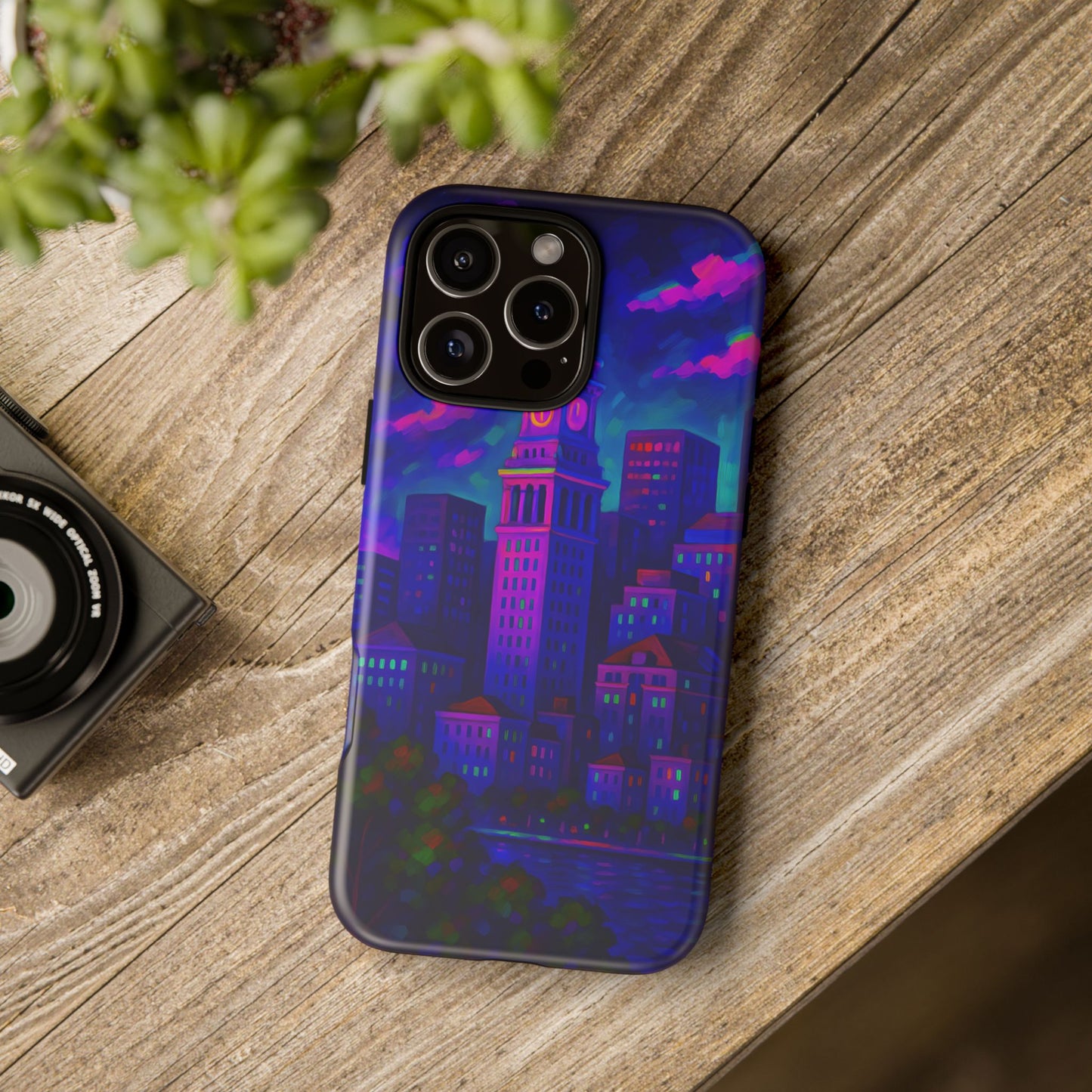 Boston Cityscape Tough Phone Case, Neon Night Skyline, Sunset Tower View Watercolor Urban Art, Compatible with iPhone, Galaxy, Google Phones